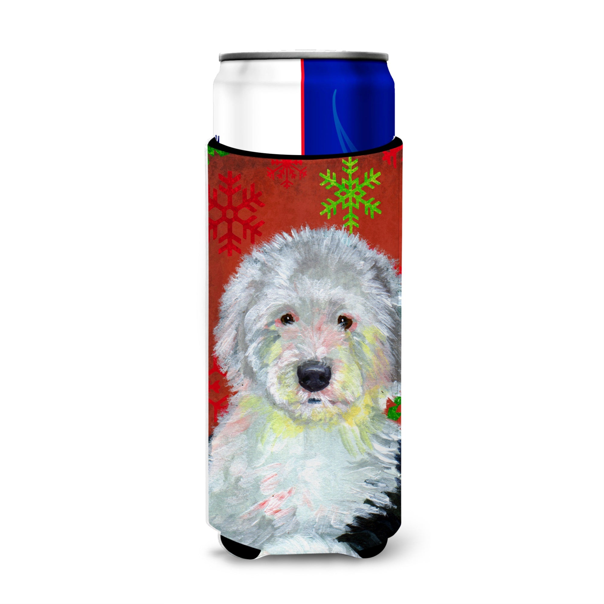 Old English Sheepdog Red  Green Snowflakes Holiday Christmas Ultra Hugger For Slim Cans