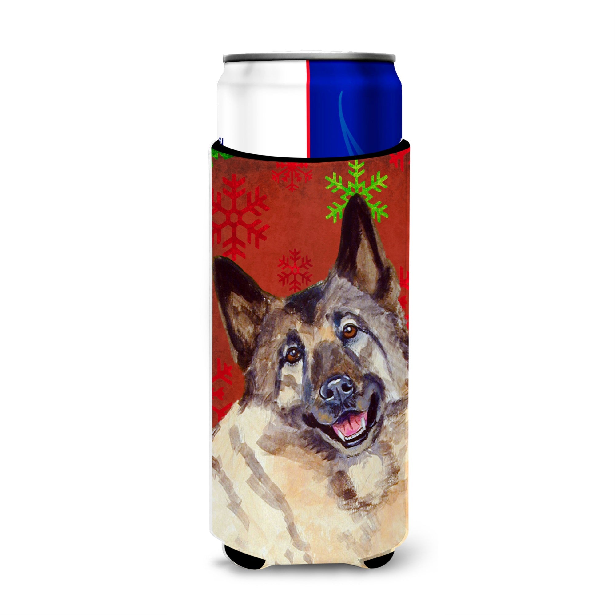 Norwegian Elkhound Red And Green Snowflakes Holiday Christmas Ultra Hugger For Slim Cans
