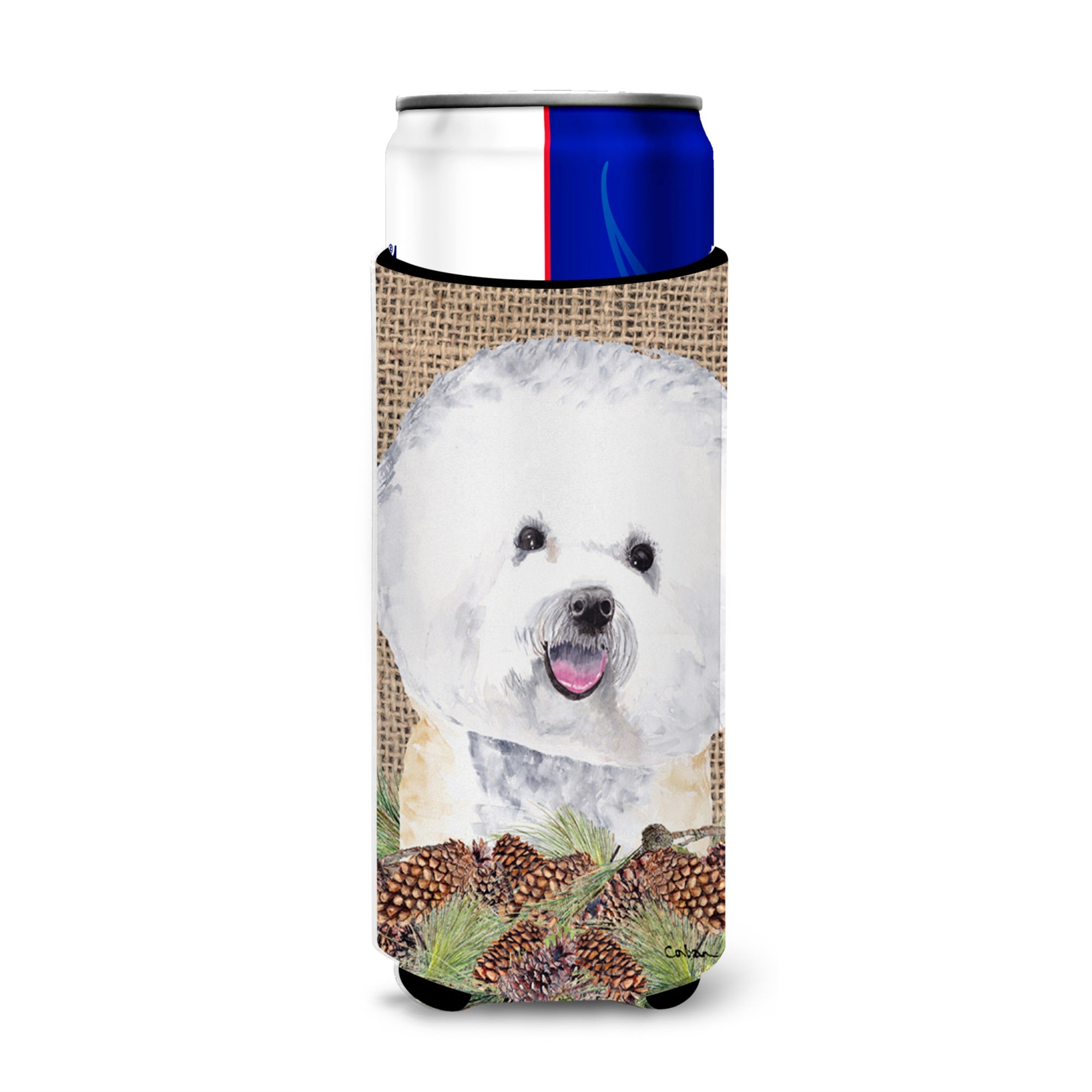 Bichon Frise Faux Burlap And Pine Cones Ultra Hugger For Slim Cans