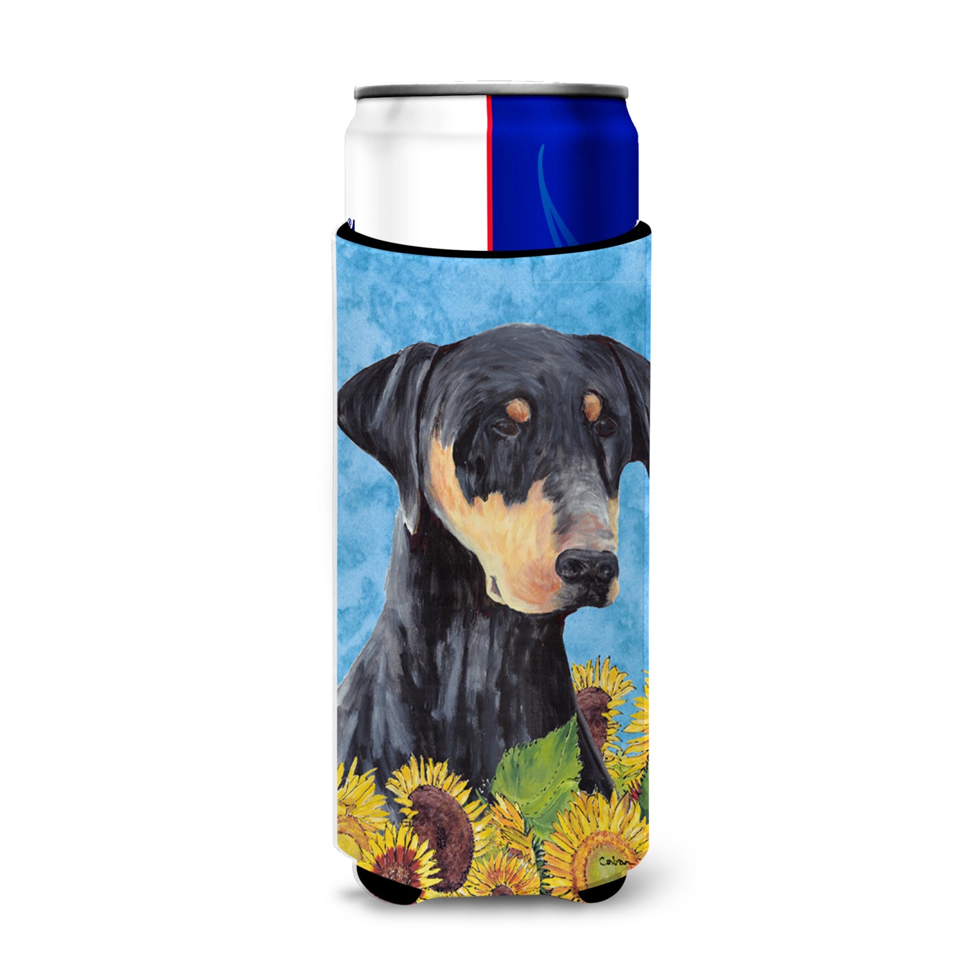 Doberman In Summer Flowers Ultra Hugger For Slim Cans