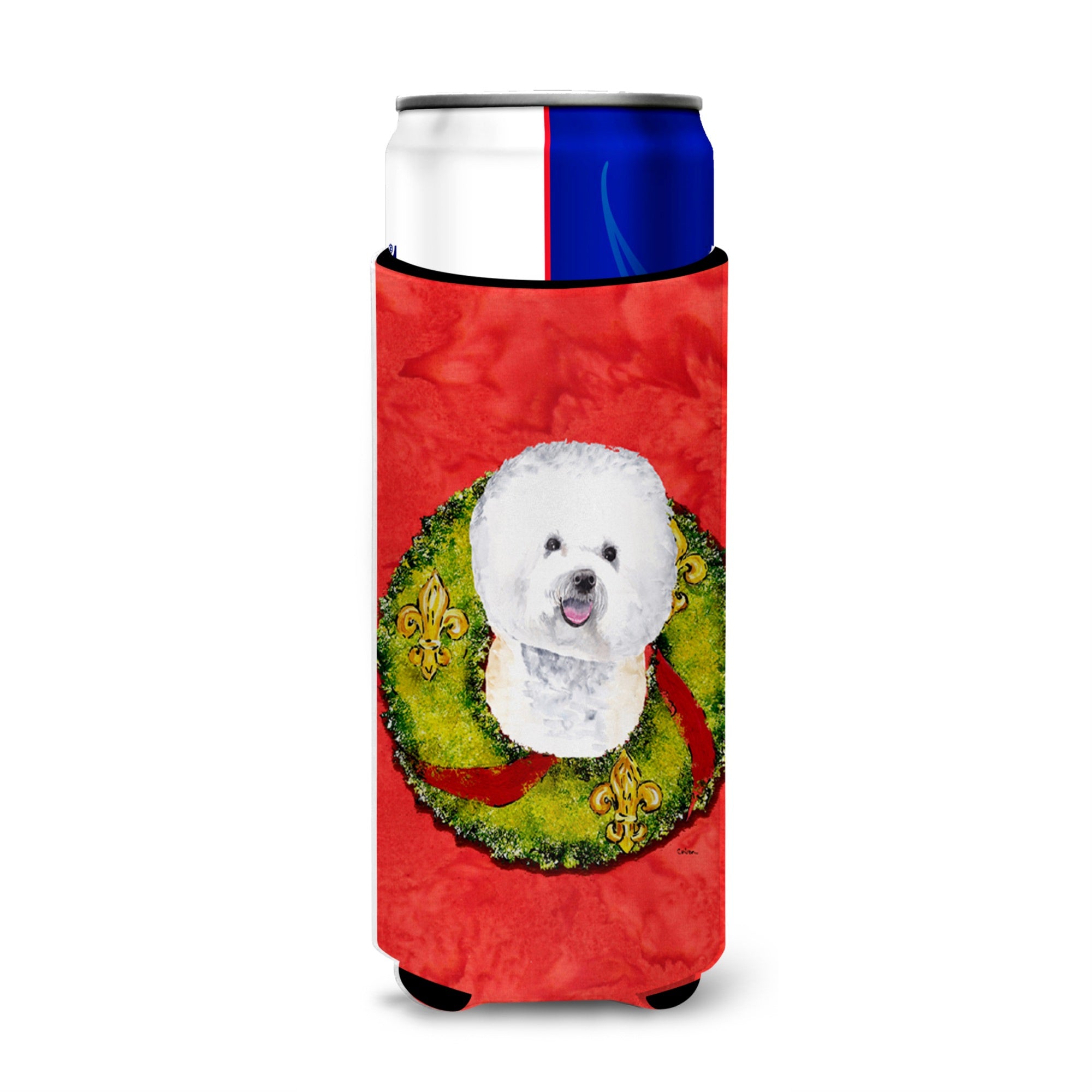 Bichon Frise Christmas Wreath Ultra Hugger For Slim Cans