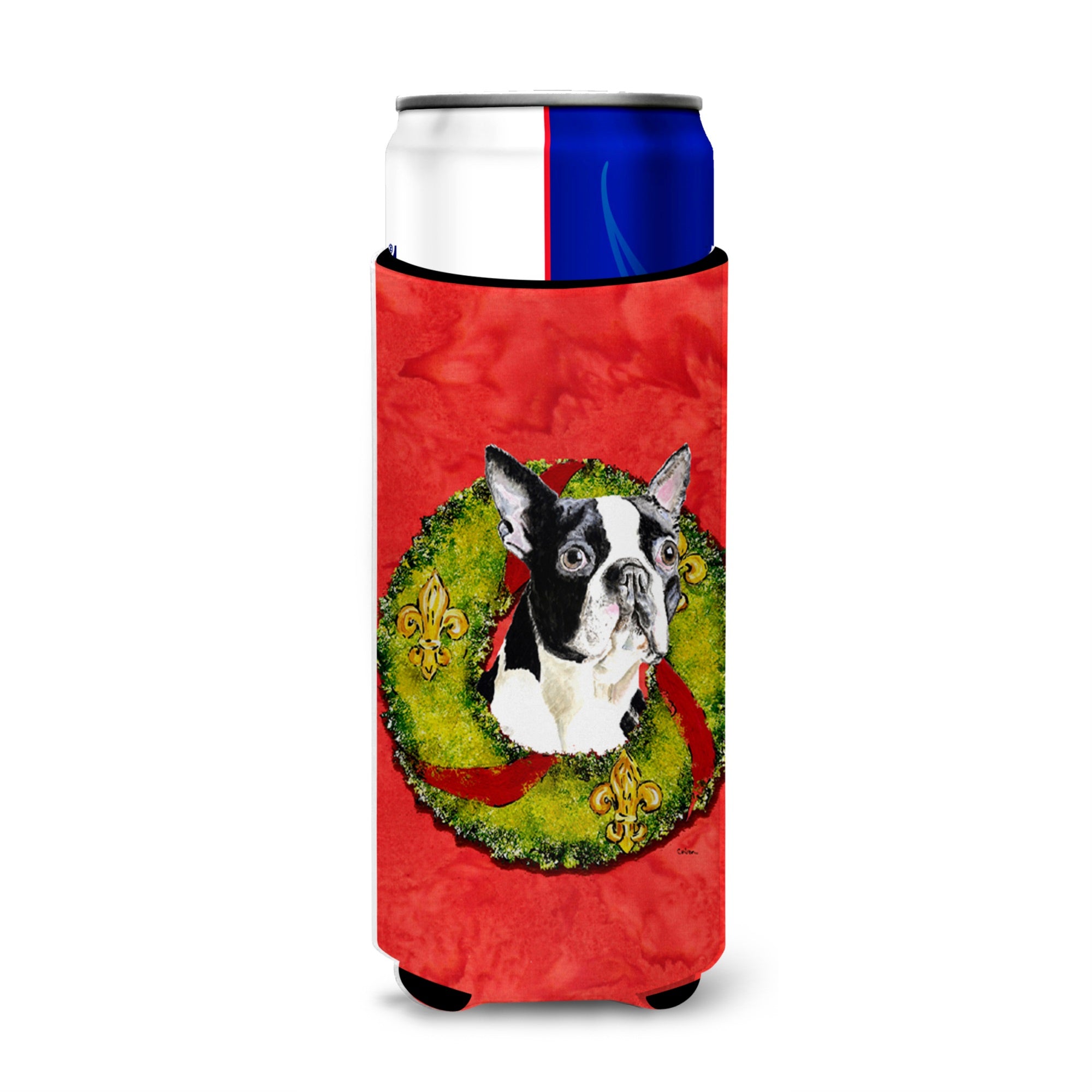 Boston Terrier Christmas Wreath Ultra Hugger For Slim Cans