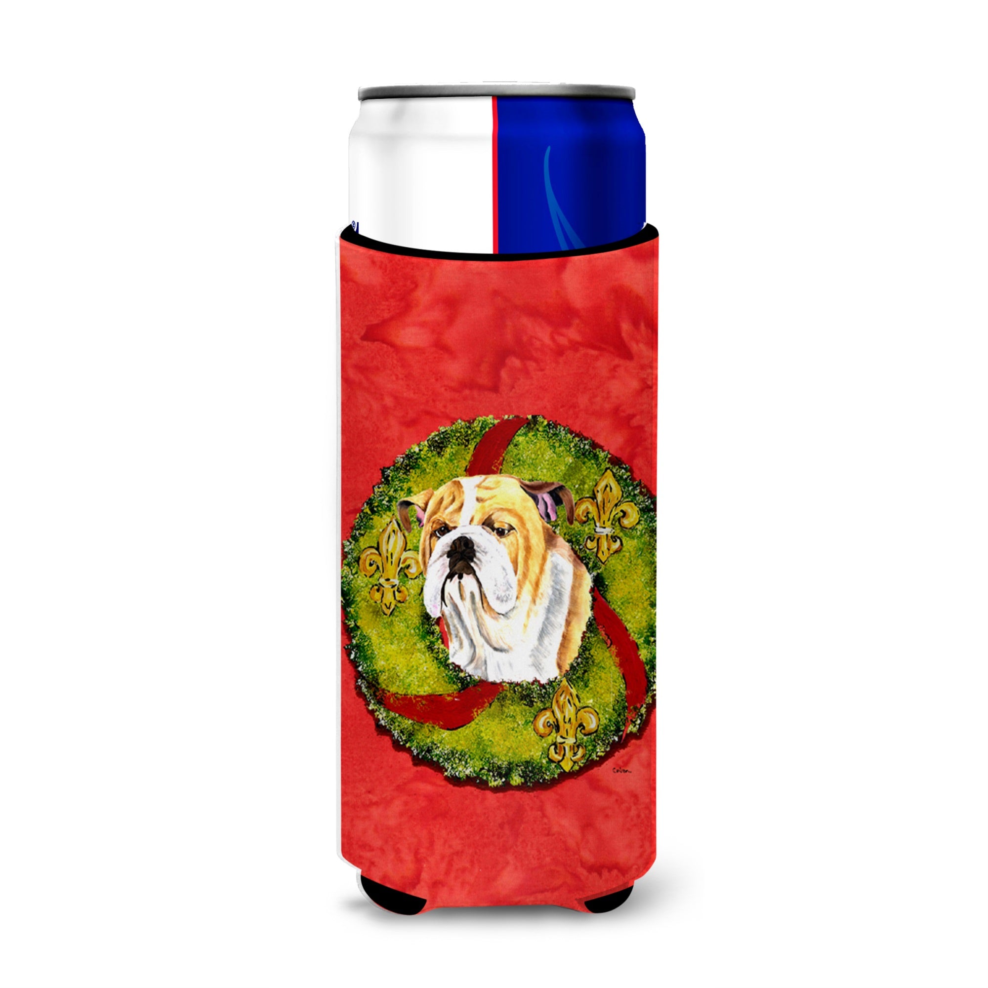 Bulldog English Christmas Wreath Ultra Hugger For Slim Cans