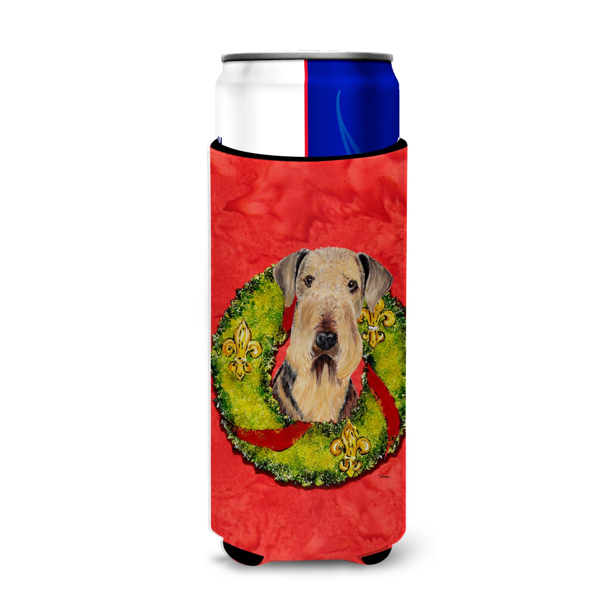 Airedale Christmas Wreath Ultra Hugger For Slim Cans
