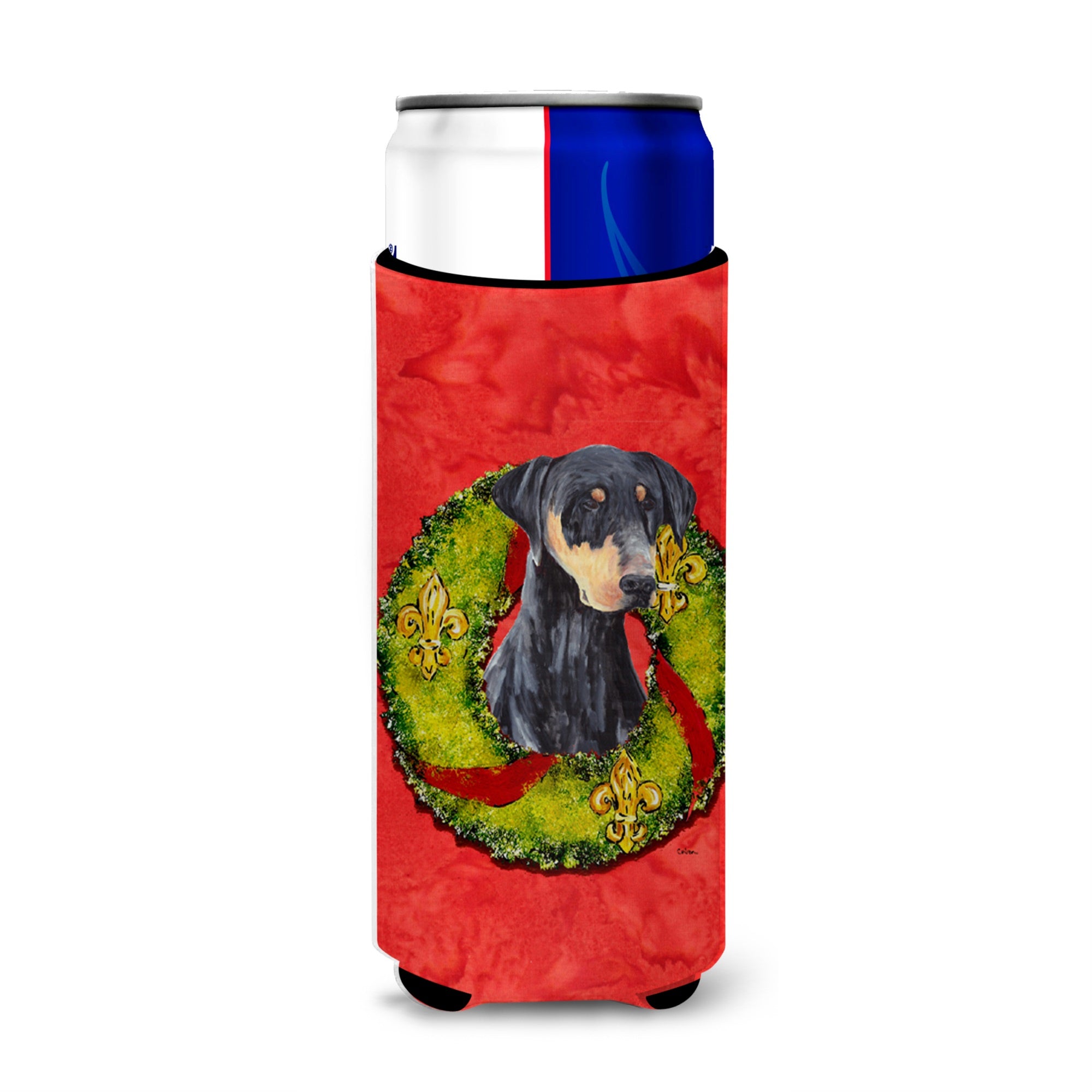 Doberman Christmas Wreath Ultra Hugger For Slim Cans