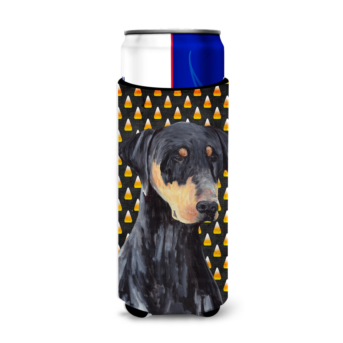 Doberman Natural Ears Candy Corn Halloween Portrait Ultra Hugger For Slim Cans
