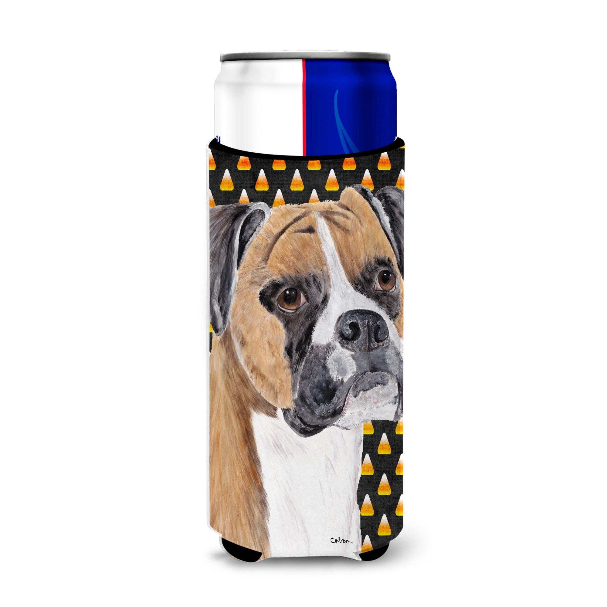 Boxer Fawn Uncropped Ears Candy Corn Halloween Portrait Ultra Hugger For Slim Cans
