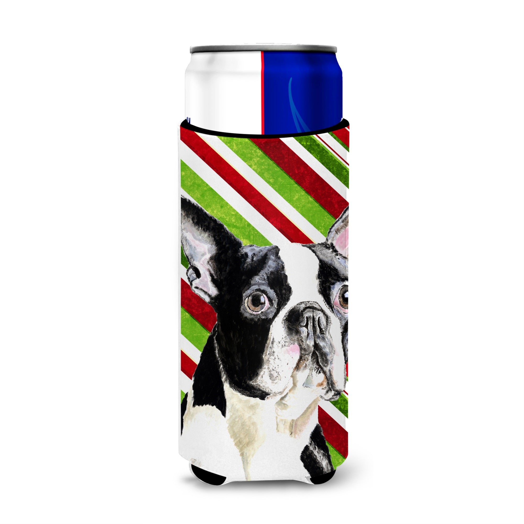 Boston Terrier Candy Cane Holiday Christmas Ultra Hugger For Slim Cans
