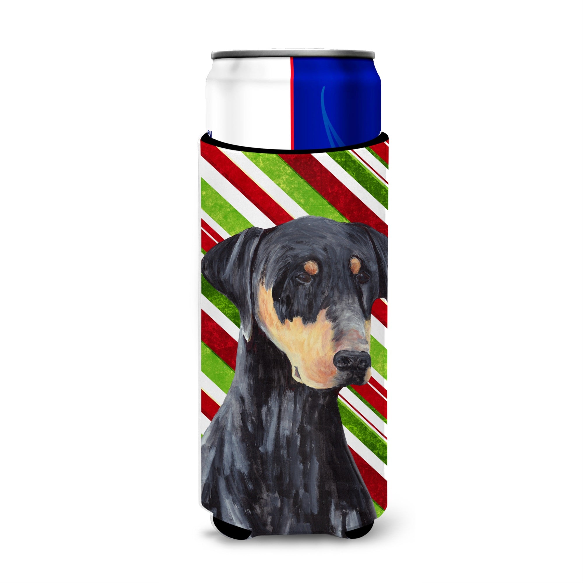 Doberman Candy Cane Holiday Christmas Ultra Hugger For Slim Cans