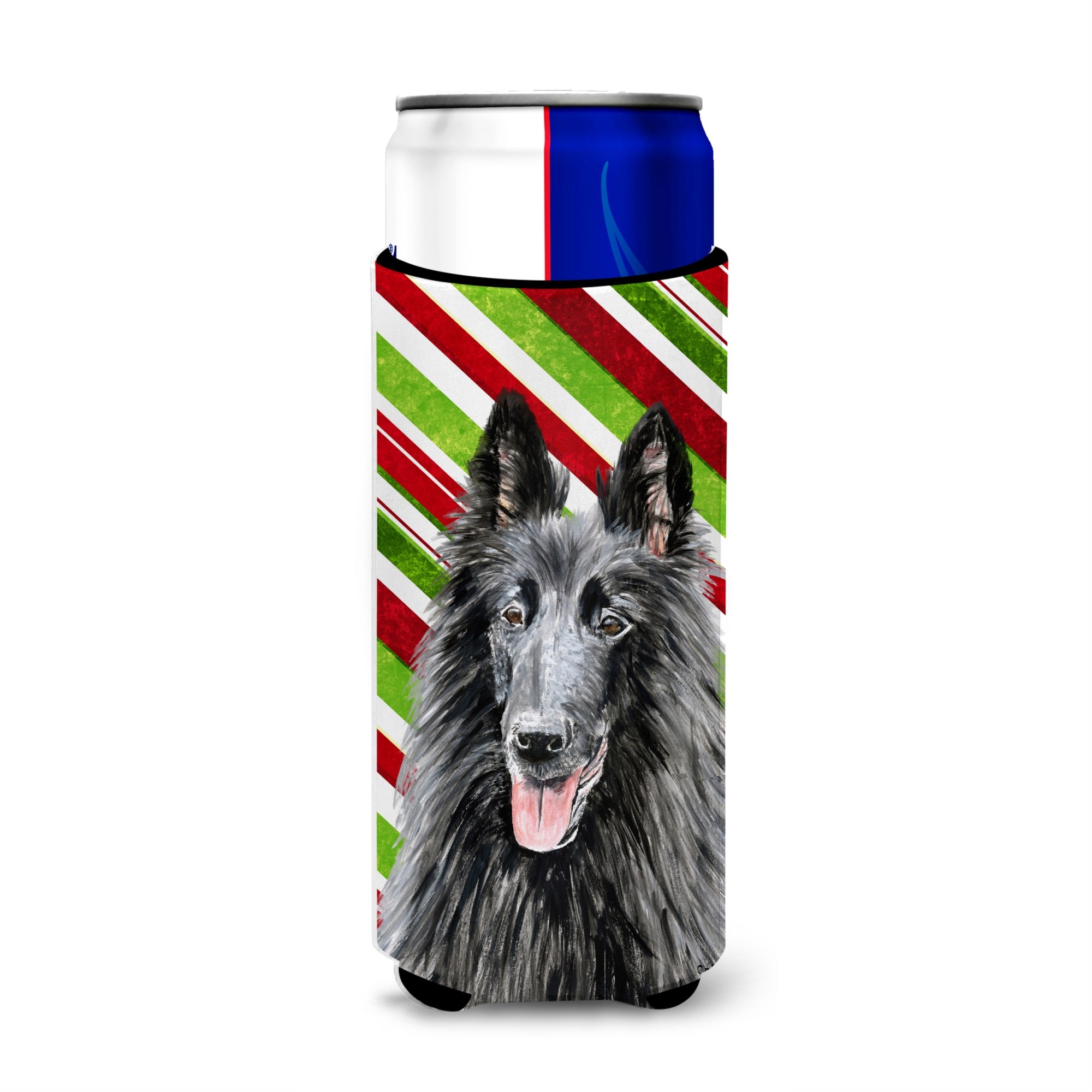 Belgian Sheepdog Candy Cane Holiday Christmas Ultra Hugger For Slim Cans