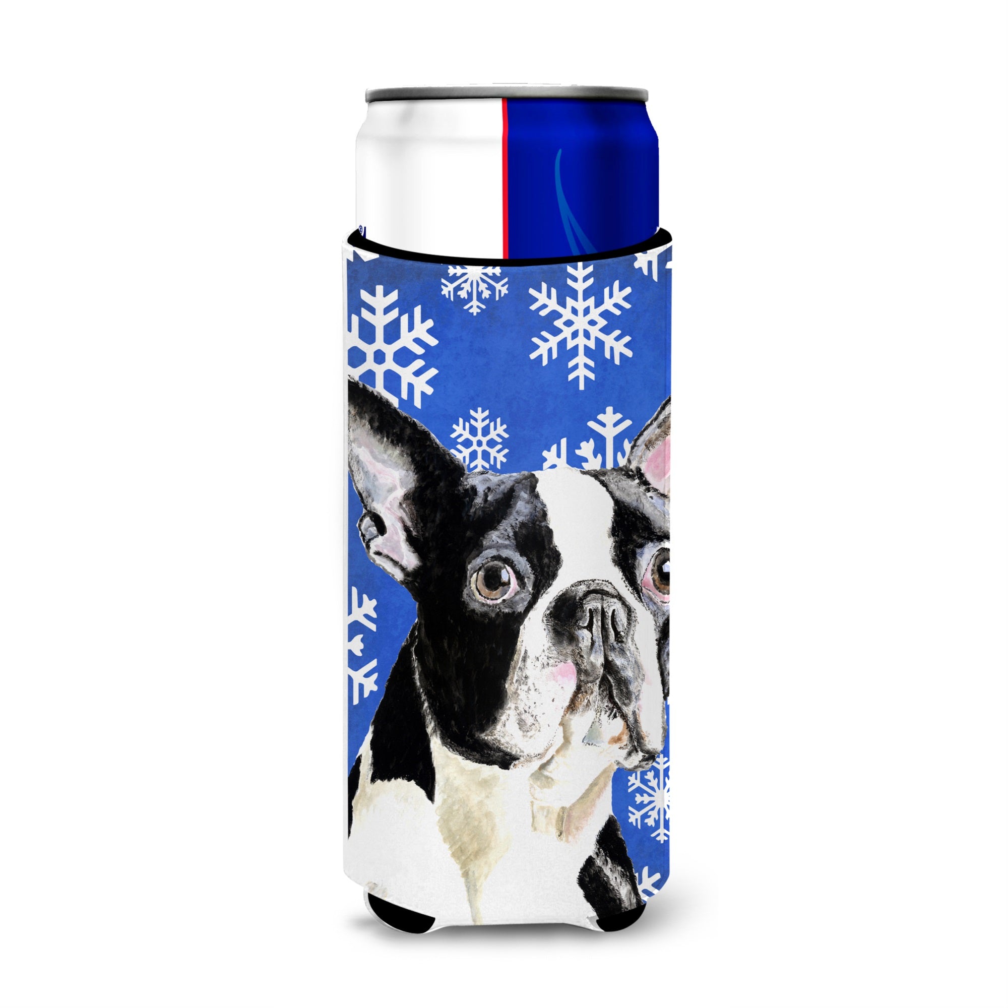 Boston Terrier Winter Snowflakes Holiday Ultra Hugger For Slim Cans