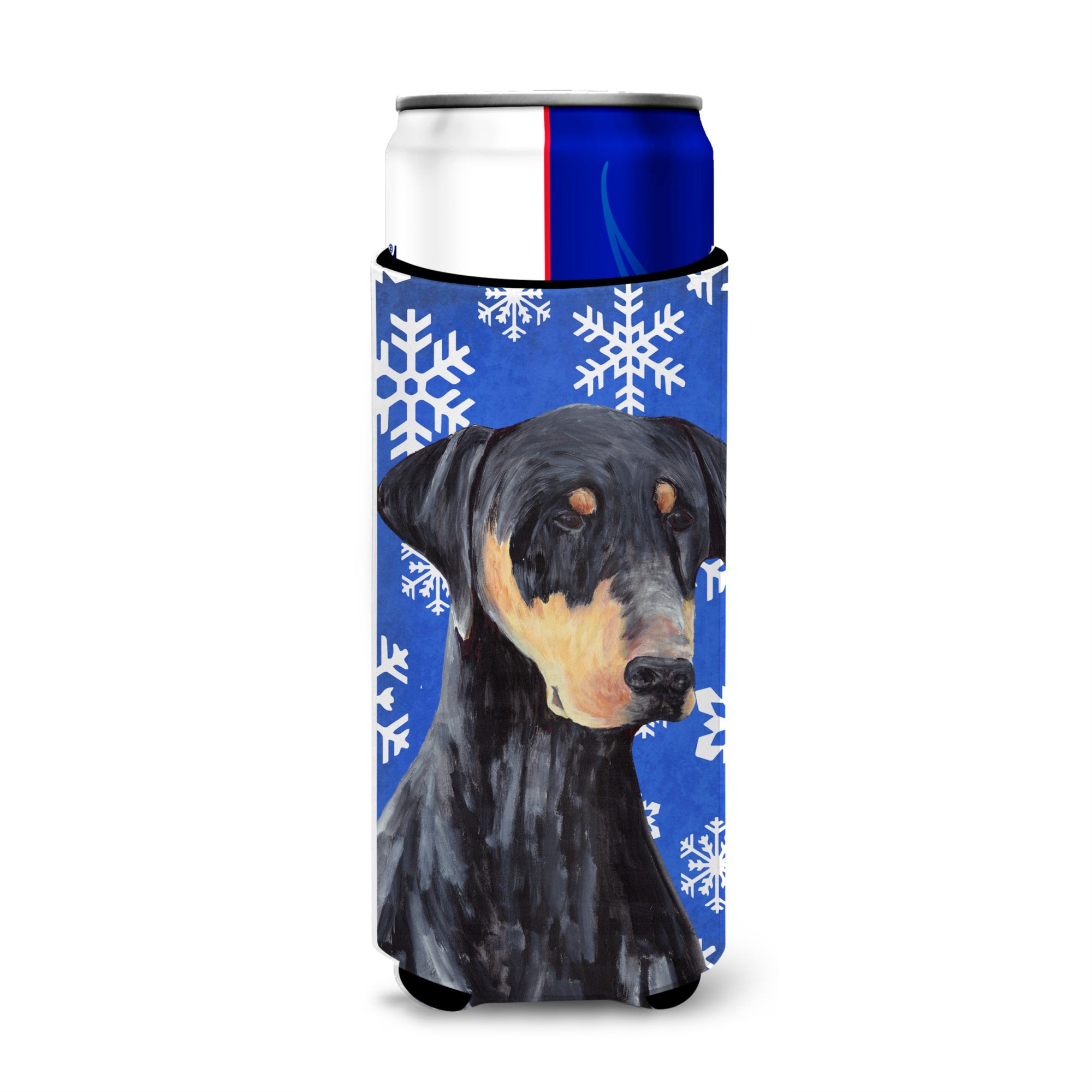 Doberman Winter Snowflakes Holiday Ultra Hugger For Slim Cans