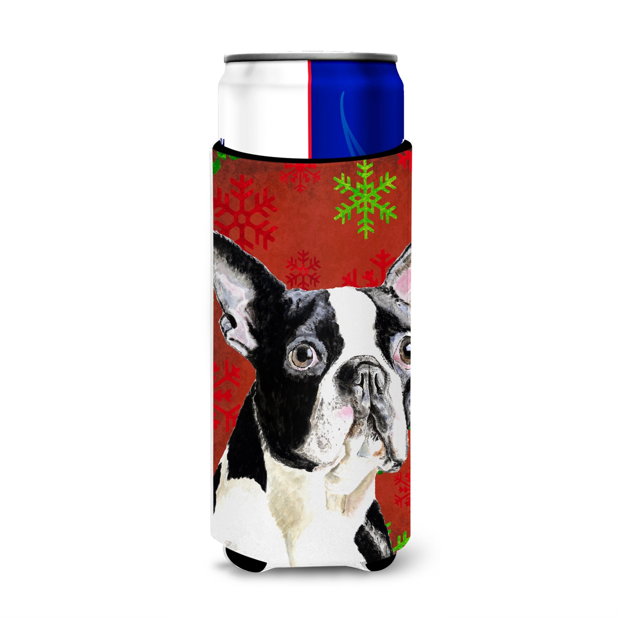Boston Terrier Red Green Snowflakes Christmas Ultra Hugger For Slim Cans
