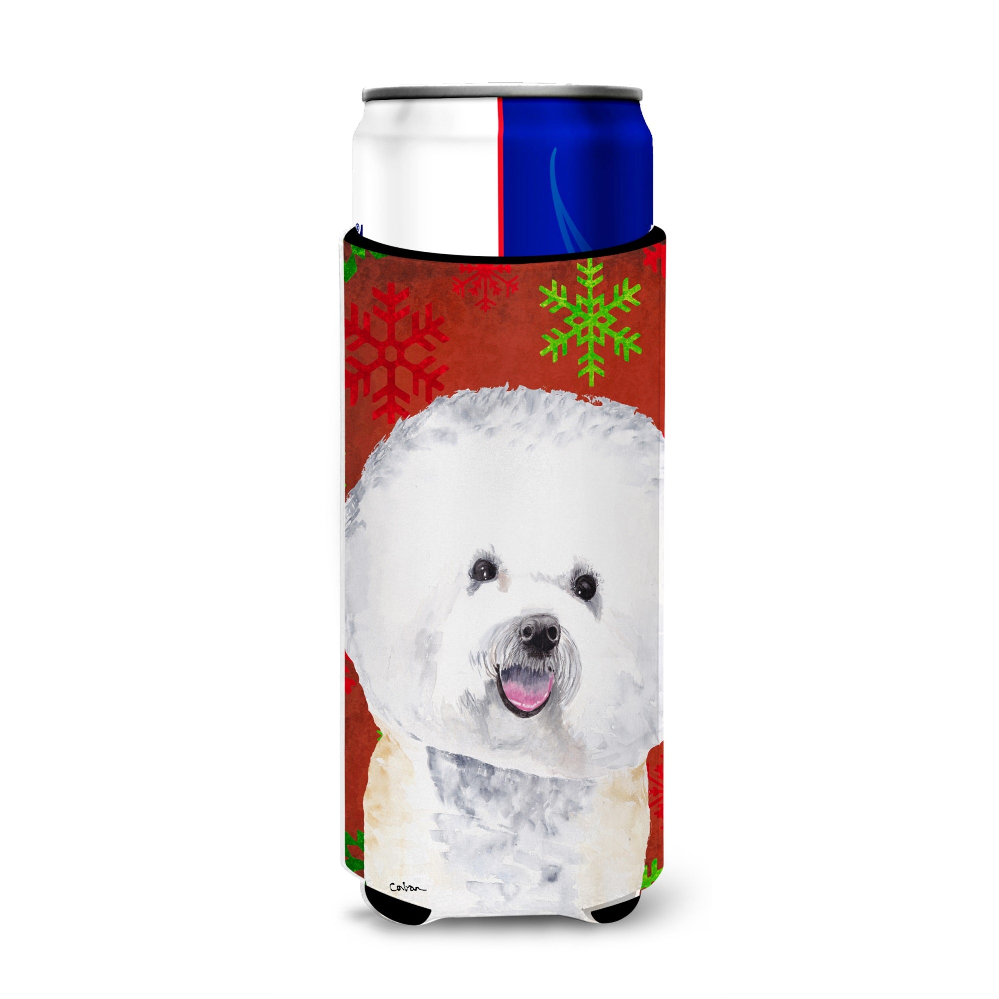 Bichon Frise Red And Green Snowflakes Holiday Christmas Ultra Hugger For Slim Cans