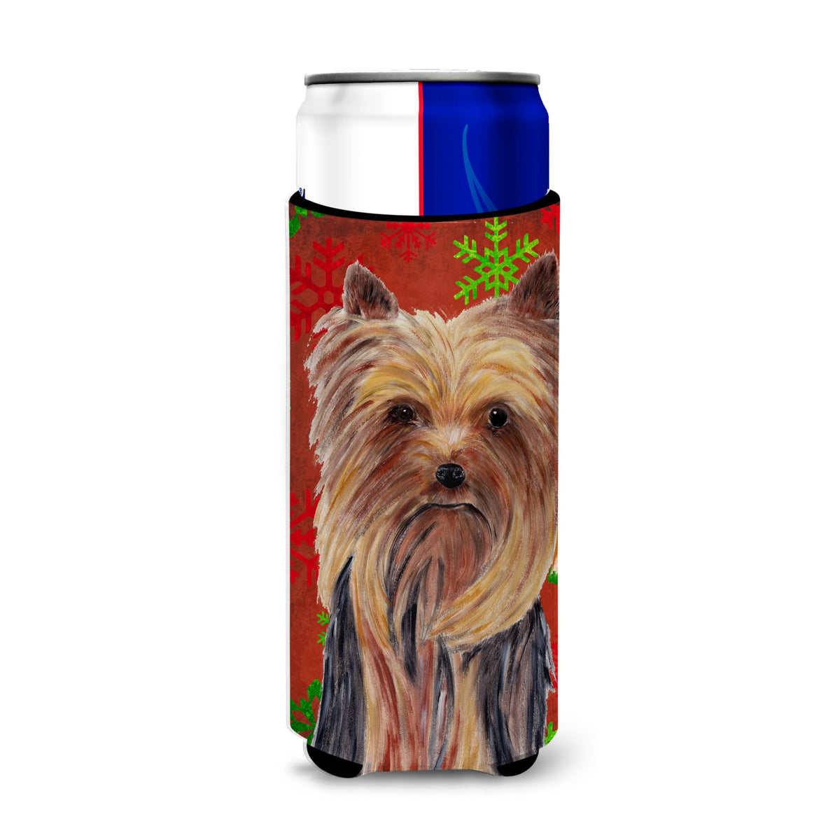 Yorkie Red And Green Snowflakes Holiday Christmas Ultra Hugger For Slim Cans