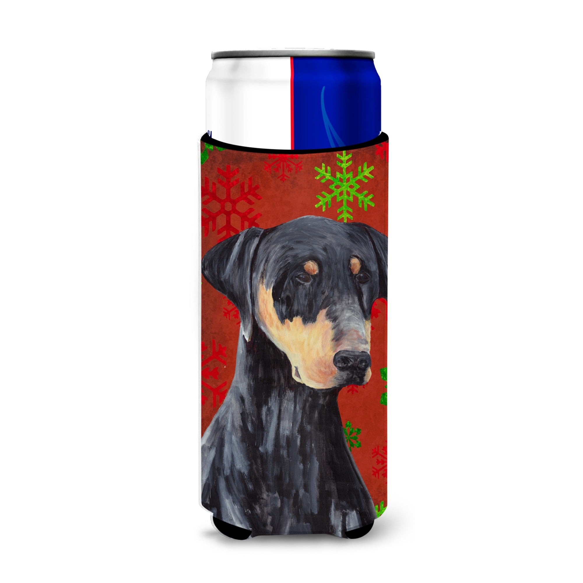 Doberman Red And Green Snowflakes Holiday Christmas Ultra Hugger For Slim Cans