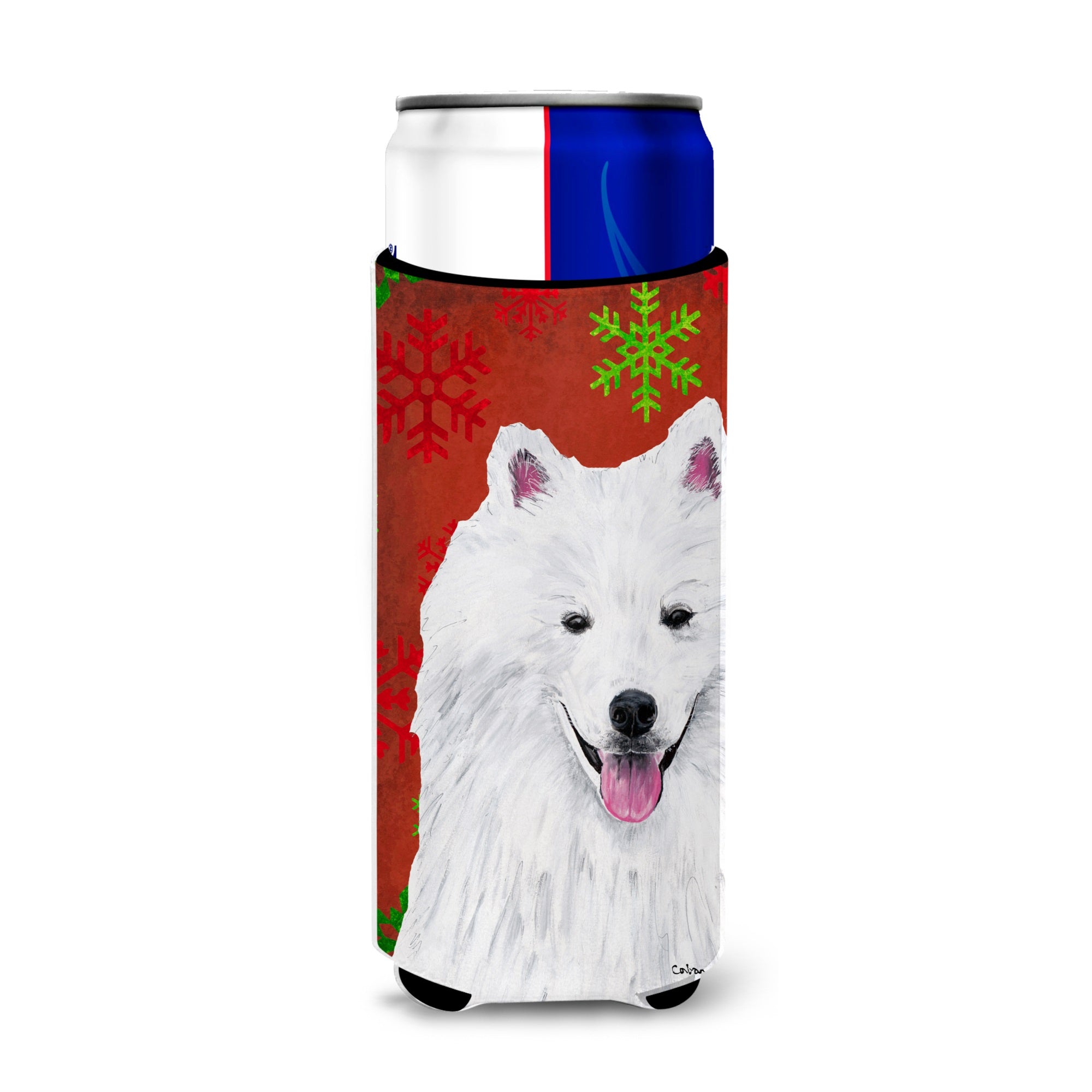 American Eskimo Red And Green Snowflakes Holiday Christmas Ultra Hugger For Slim Cans