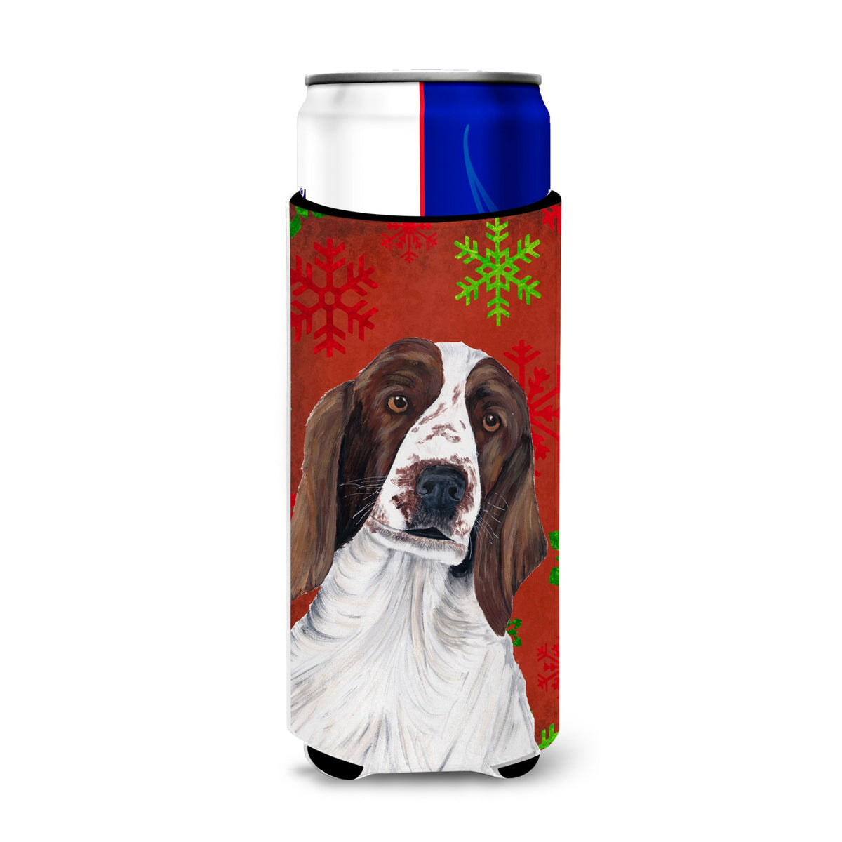 Welsh Springer Spaniel Red  Green Snowflakes Holiday Christmas Ultra Hugger For Slim Cans