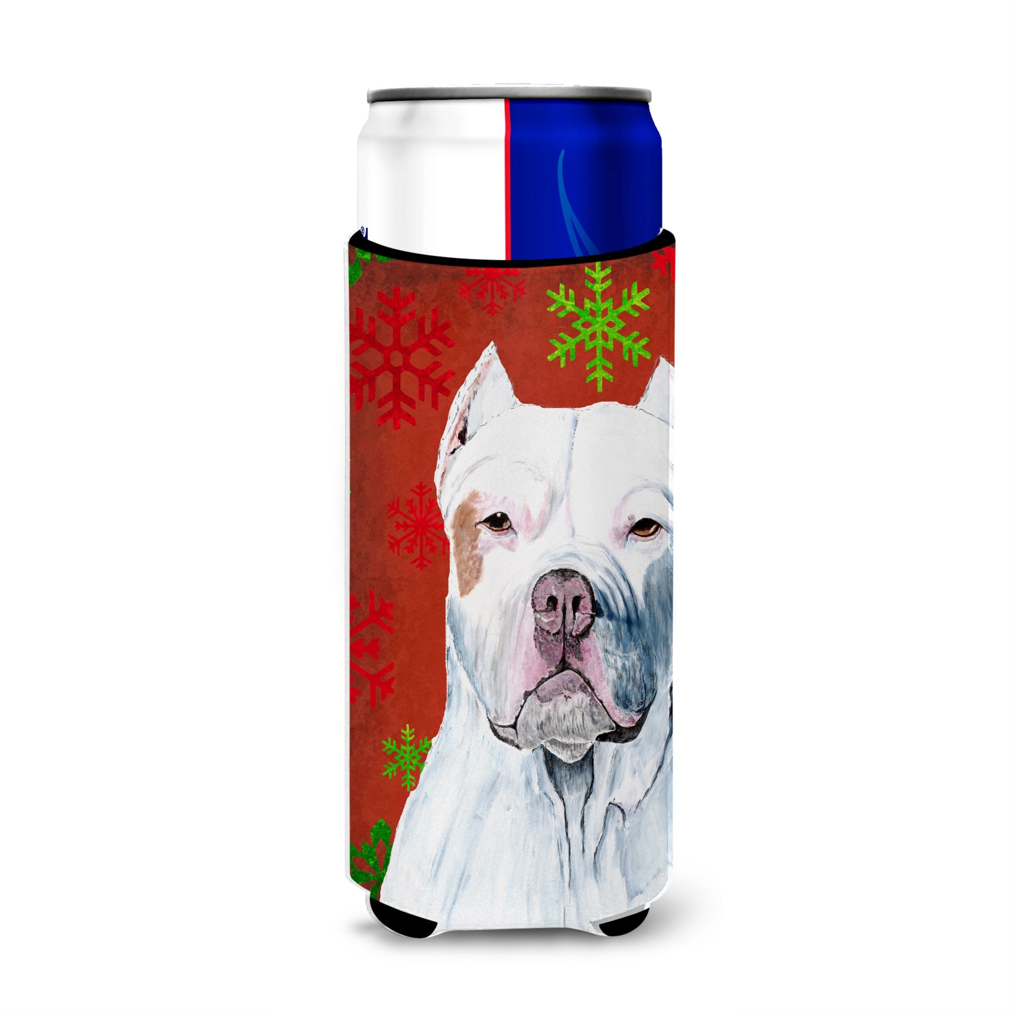 Pit Bull Red And Green Snowflakes Holiday Christmas Ultra Hugger For Slim Cans