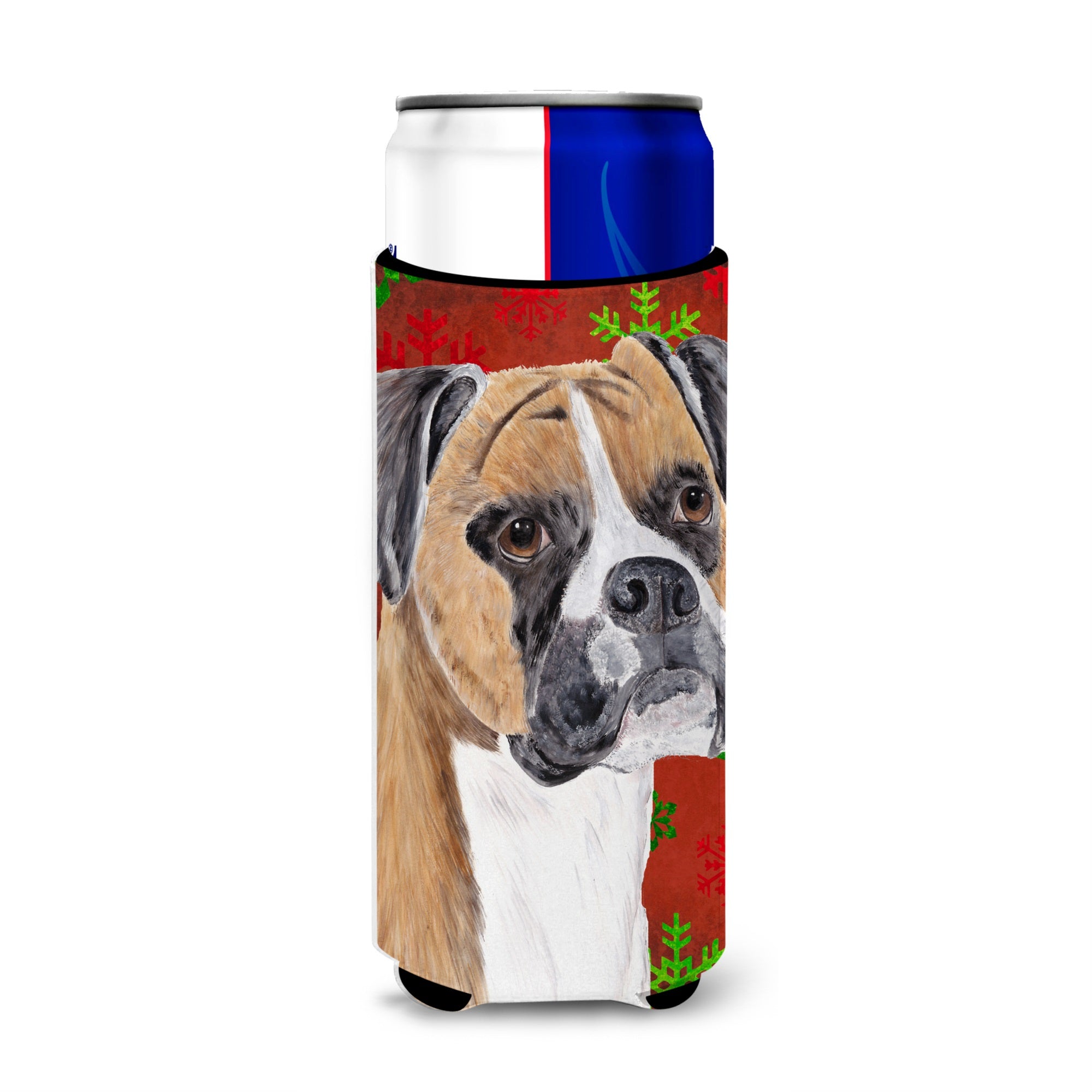 Boxer Red And Green Snowflakes Holiday Christmas Ultra Hugger For Slim Cans