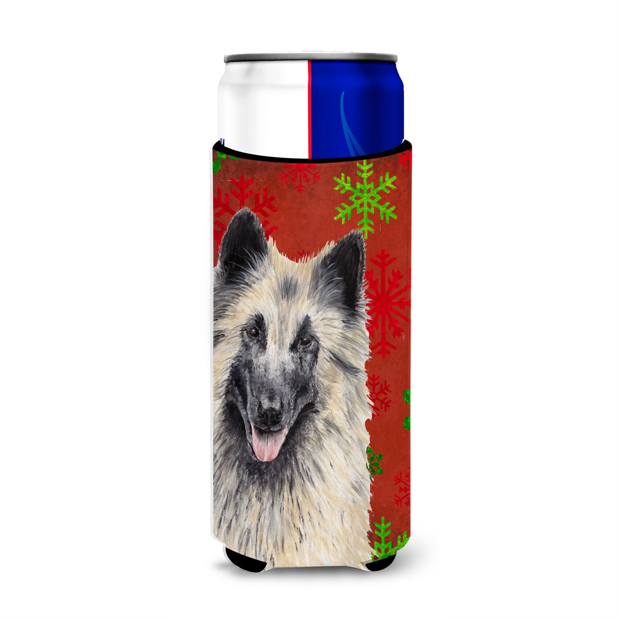 Belgian Tervuren Red And Green Snowflakes Holiday Christmas Ultra Hugger For Slim Cans