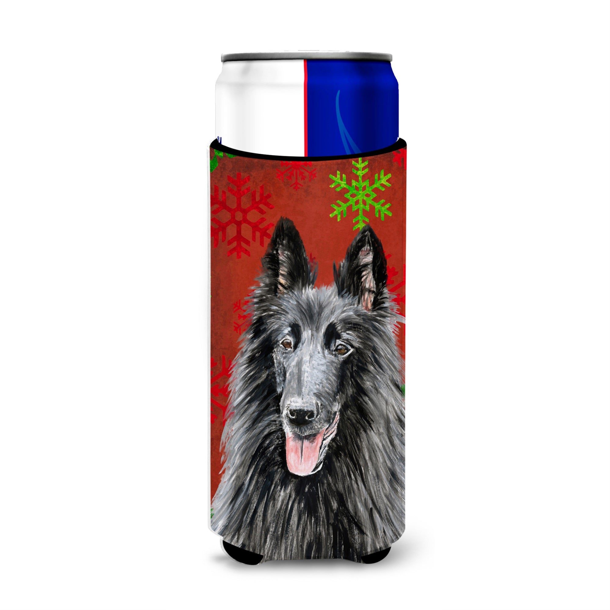 Belgian Sheepdog Red And Green Snowflakes Holiday Christmas Ultra Hugger For Slim Cans