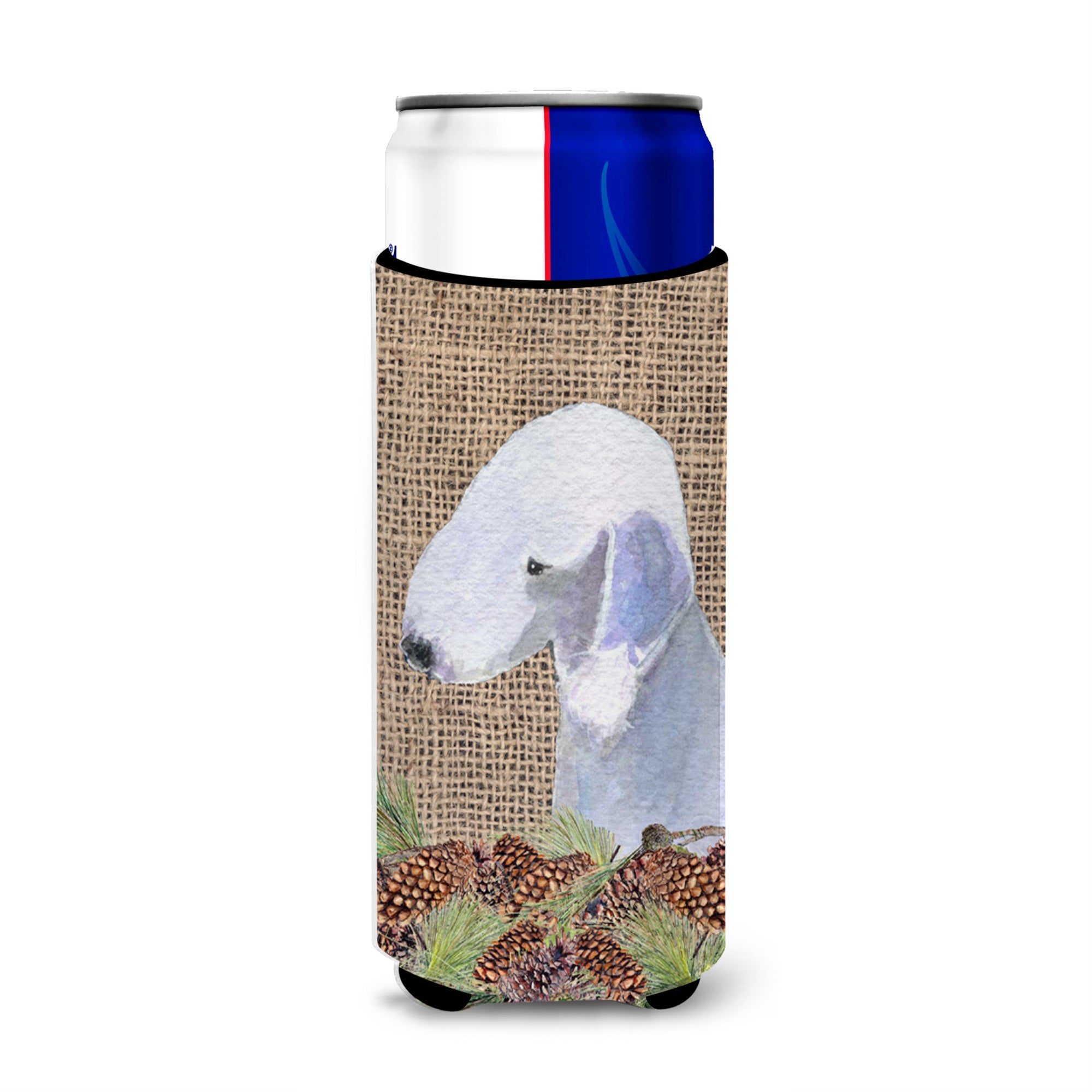 Bedlington Terrier On Faux Burlap With Pine Cones Ultra Hugger For Slim Cans