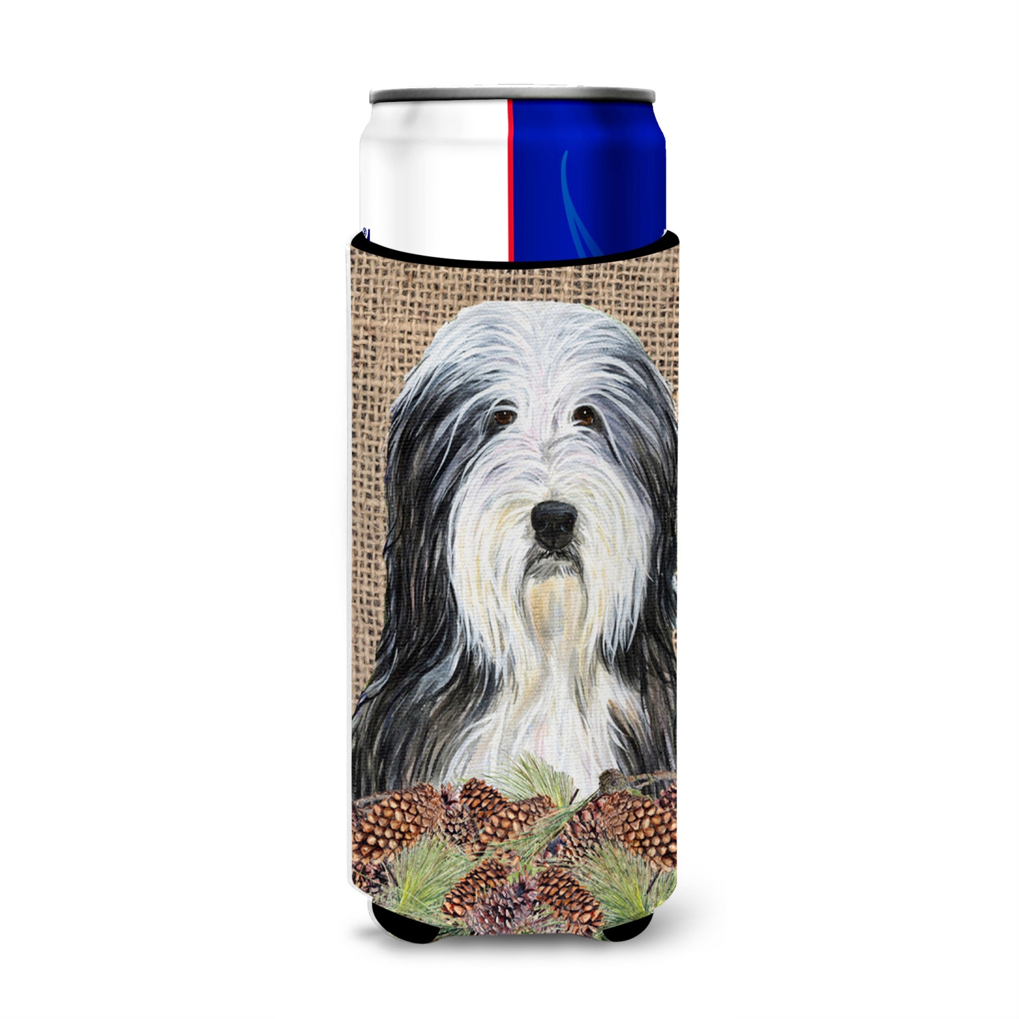 Bearded Collie On Faux Burlap With Pine Cones Ultra Hugger For Slim Cans