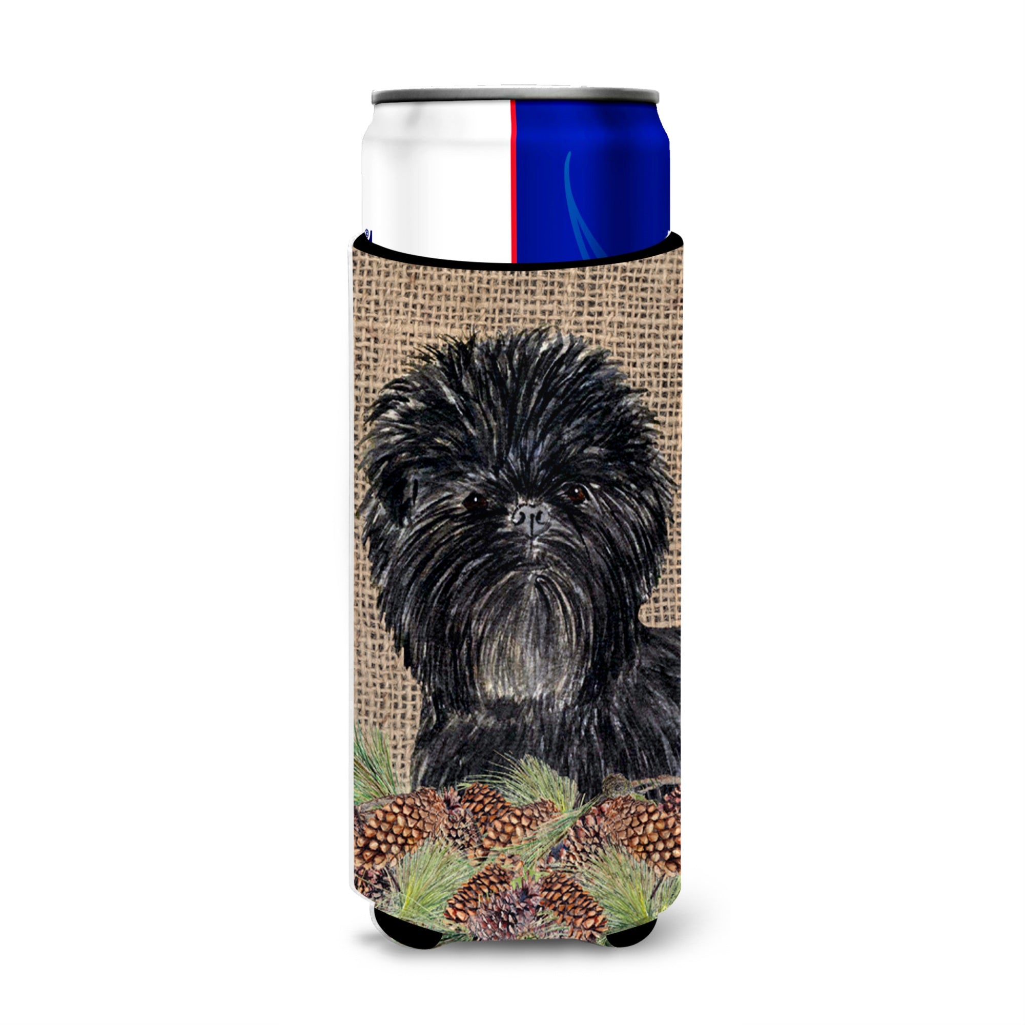 Affenpinscher On Faux Burlap With Pine Cones Ultra Hugger For Slim Cans