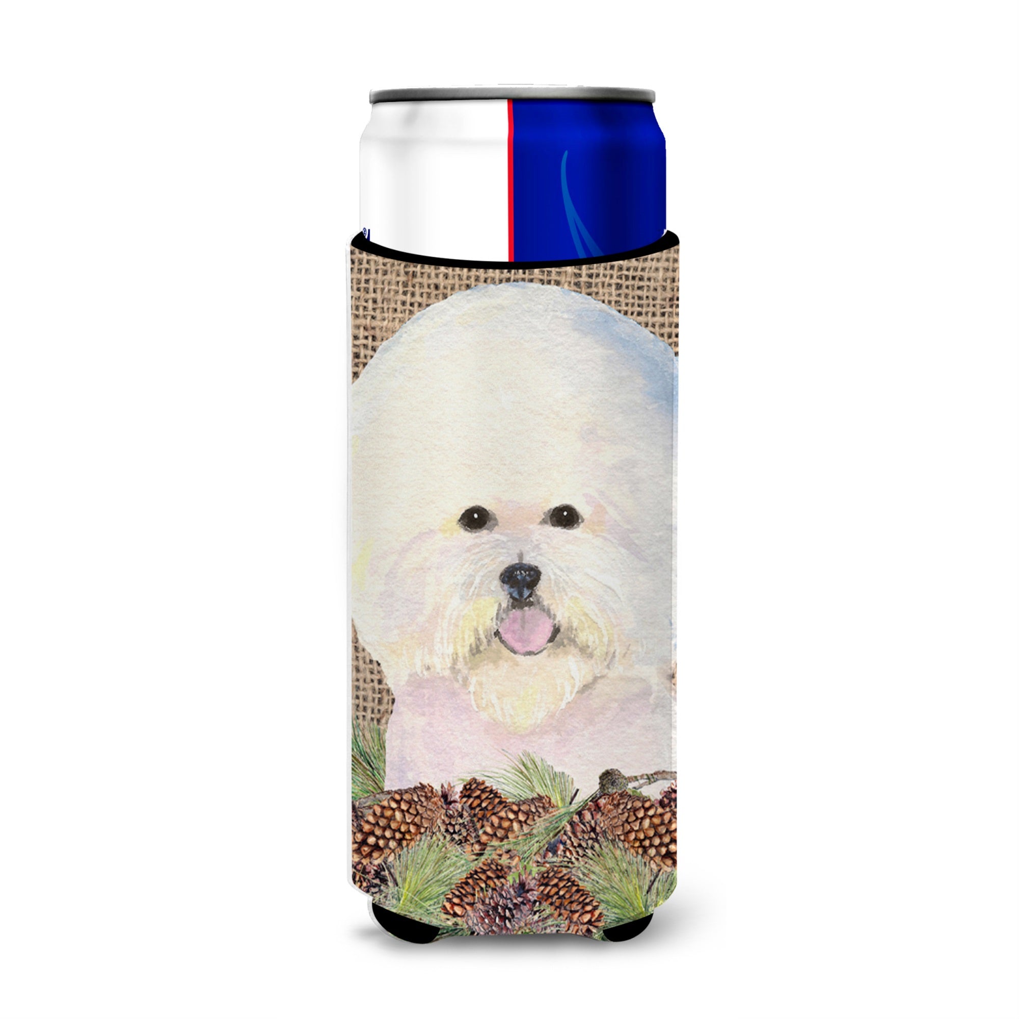 Bichon Frise On Faux Burlap With Pine Cones Ultra Hugger For Slim Cans