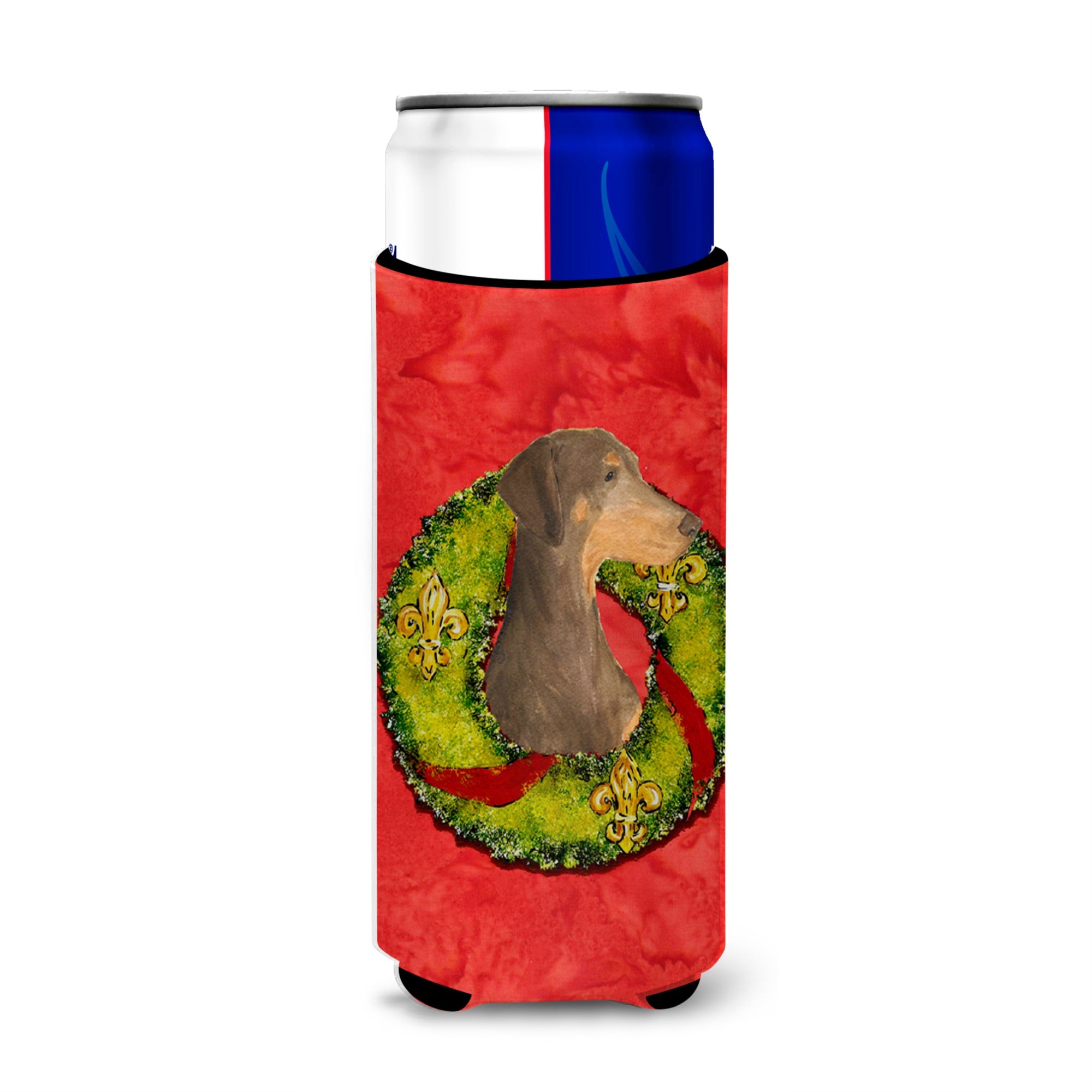 Doberman Cristmas Wreath Ultra Hugger For Slim Cans