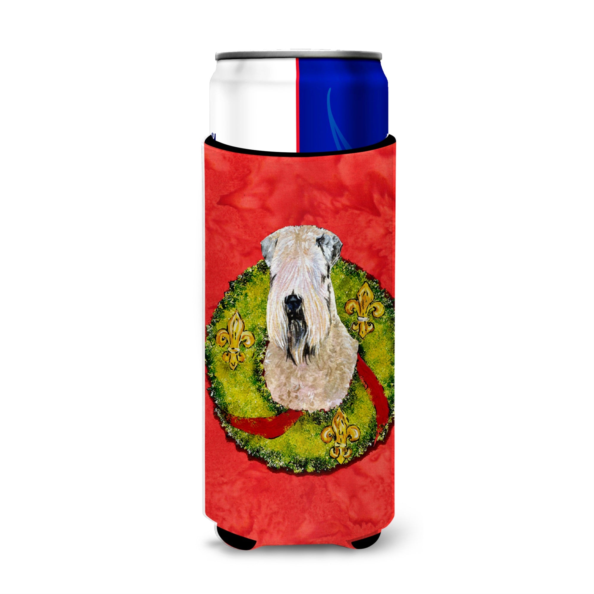 Wheaten Terrier Soft Coated Cristmas Wreath Ultra Hugger For Slim Cans