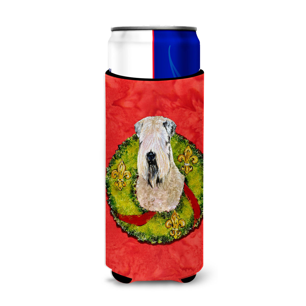Wheaten Terrier Soft Coated Cristmas Wreath Ultra Hugger For Slim Cans