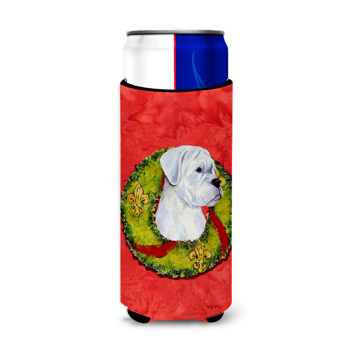 White Boxer Cristmas Wreath Ultra Hugger For Slim Cans