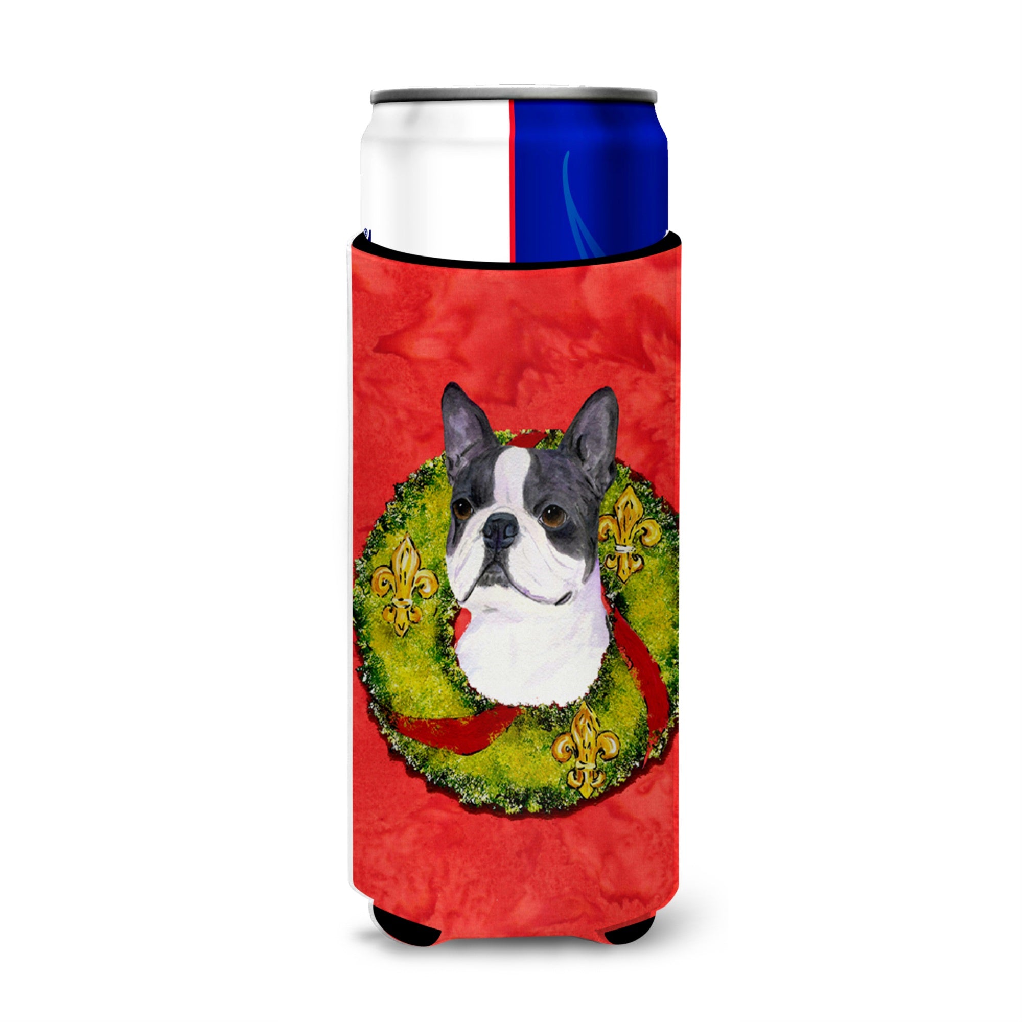 Boston Terrier Cristmas Wreath Ultra Hugger For Slim Cans