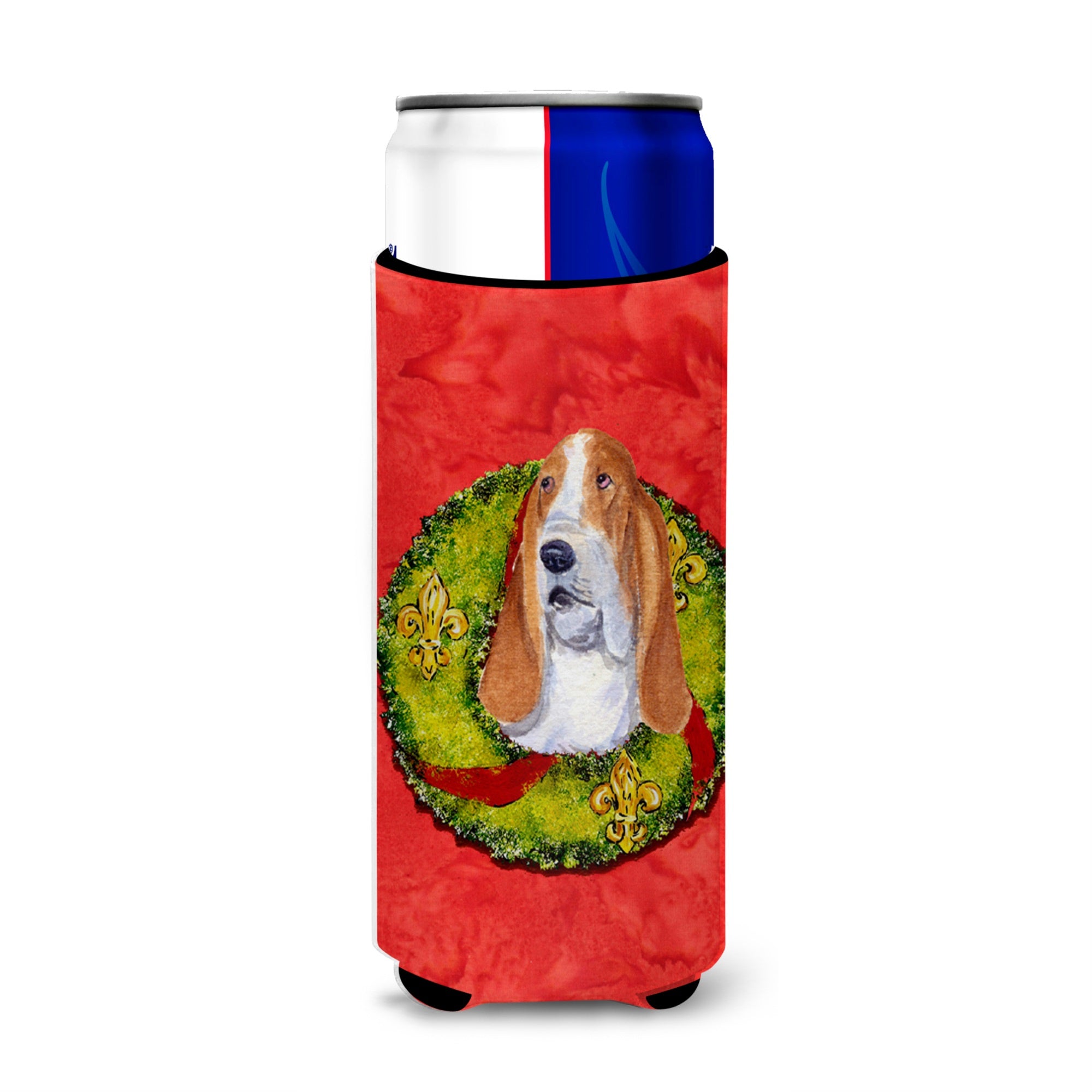 Basset Hound Cristmas Wreath Ultra Hugger For Slim Cans