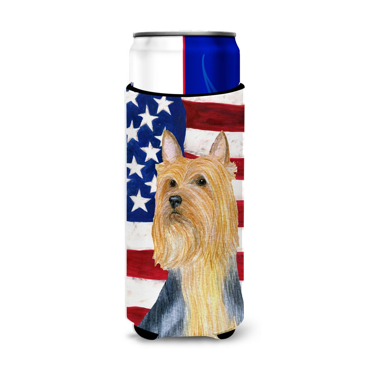 Usa American Flag With Silky Terrier Ultra Hugger For Slim Cans