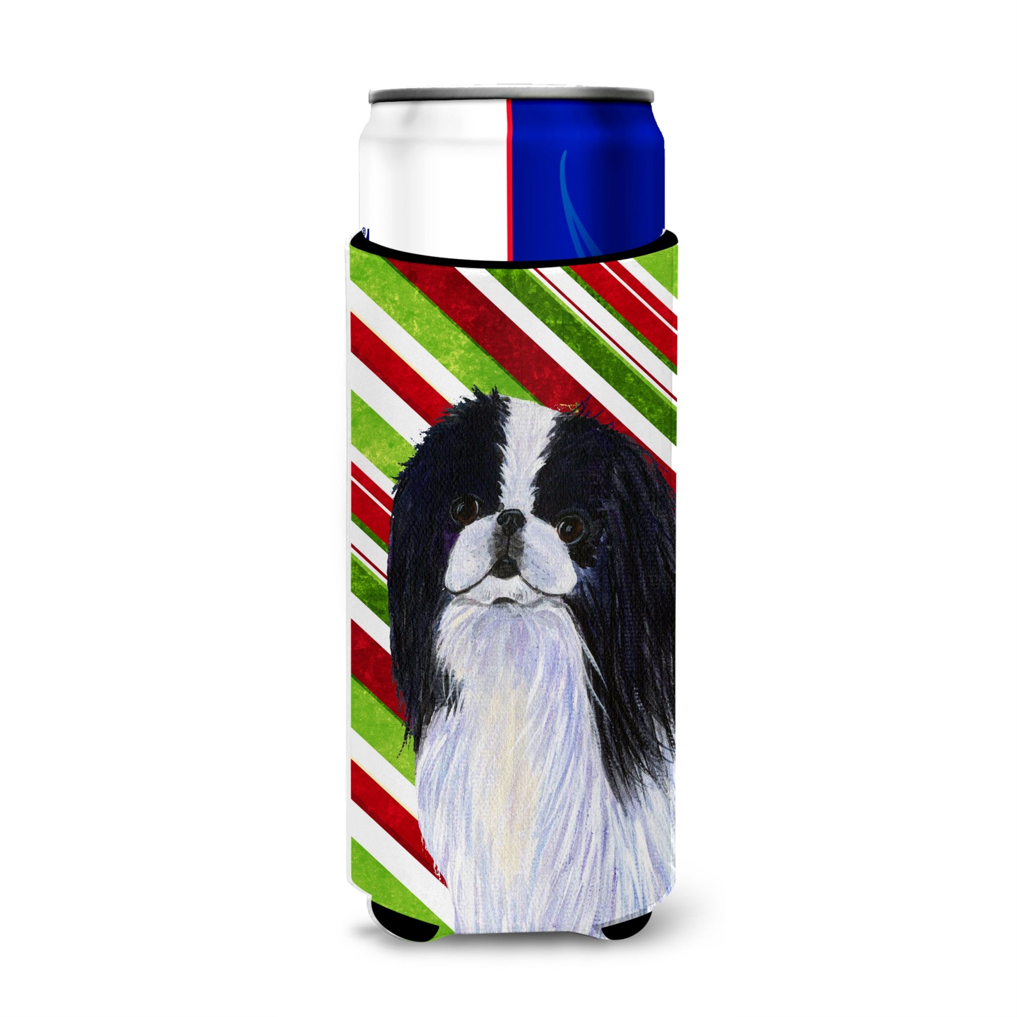 Japanese Chin Candy Cane Holiday Christmas Ultra Hugger For Slim Cans