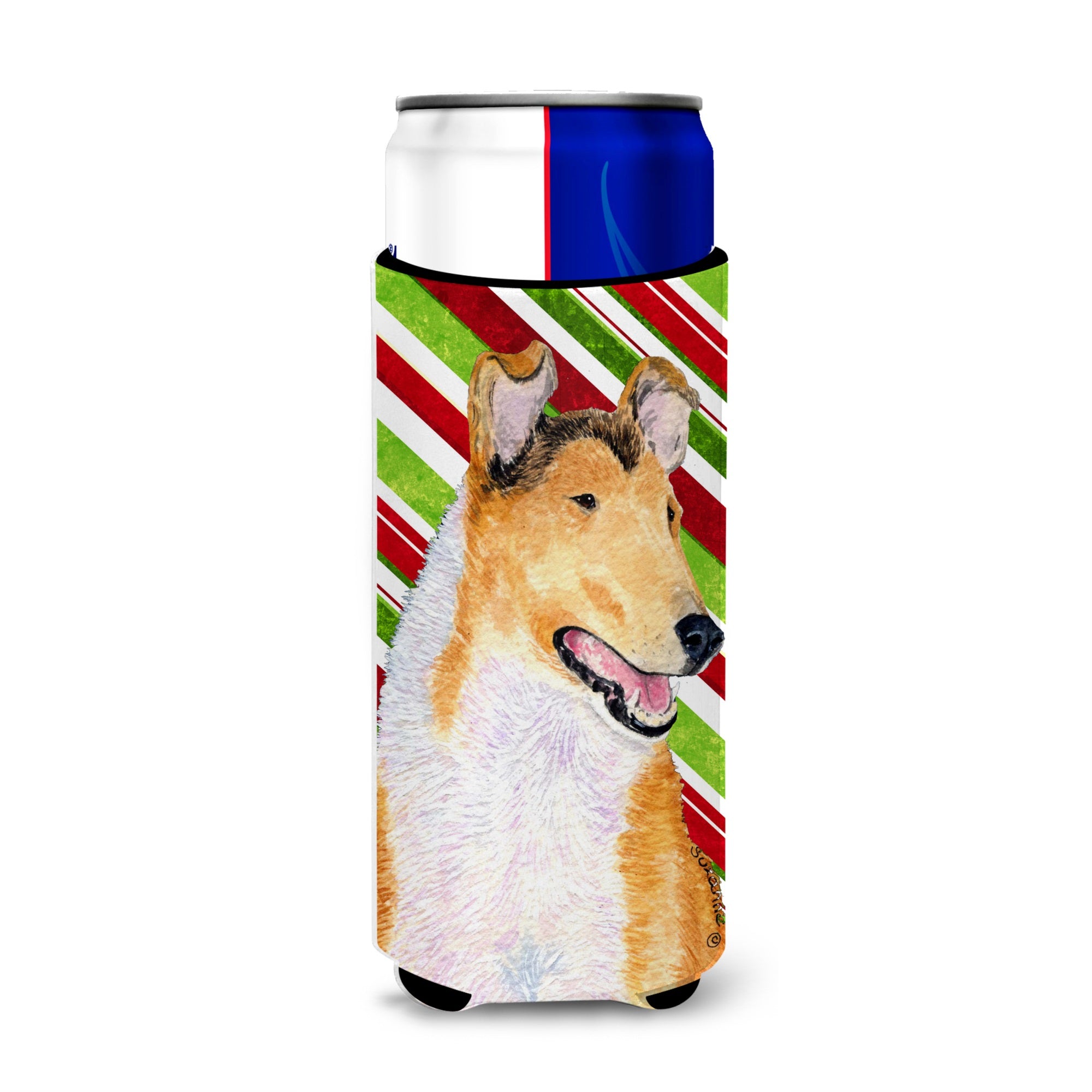Collie Smooth Candy Cane Holiday Christmas Ultra Hugger For Slim Cans