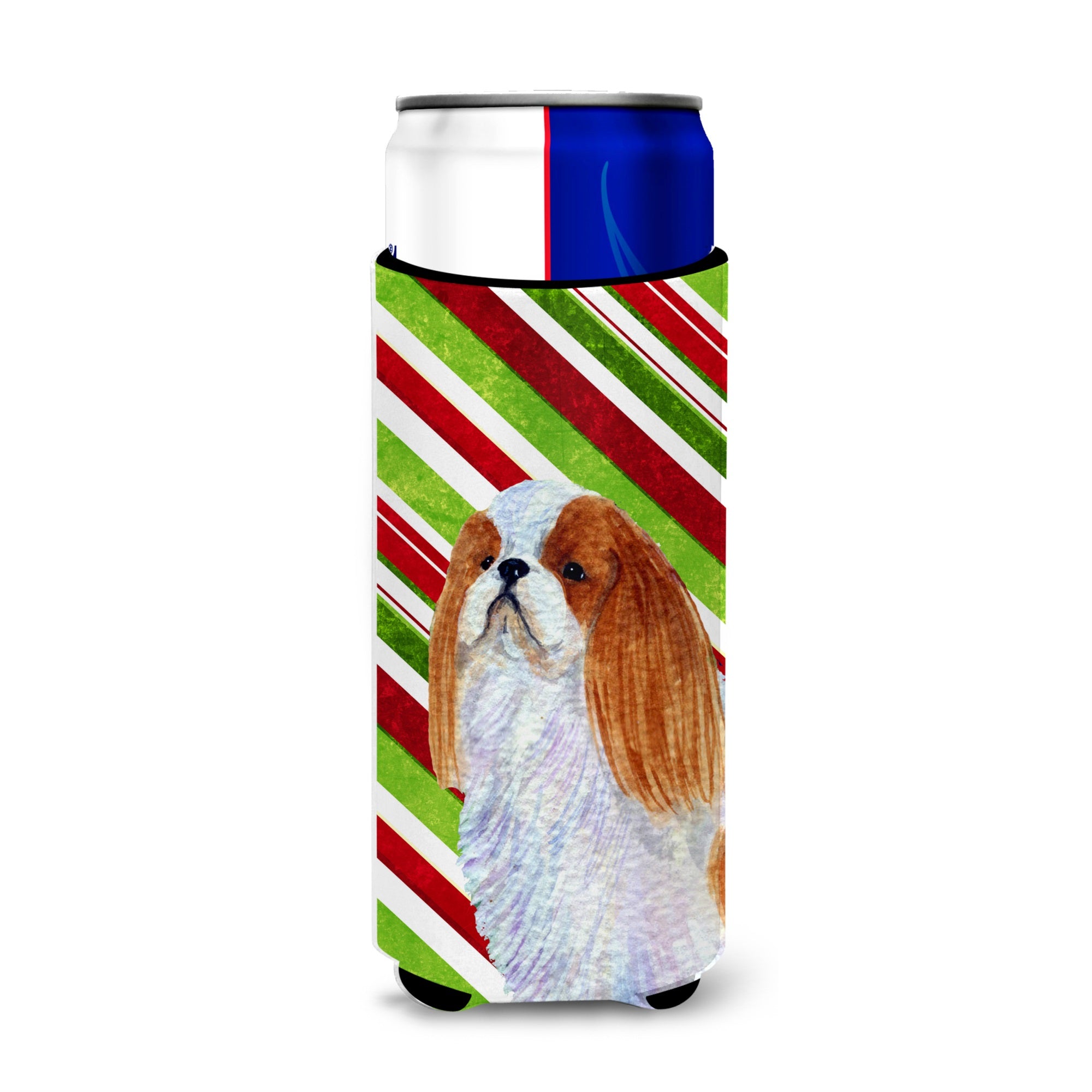 English Toy Spaniel Candy Cane Holiday Christmas Ultra Hugger For Slim Cans