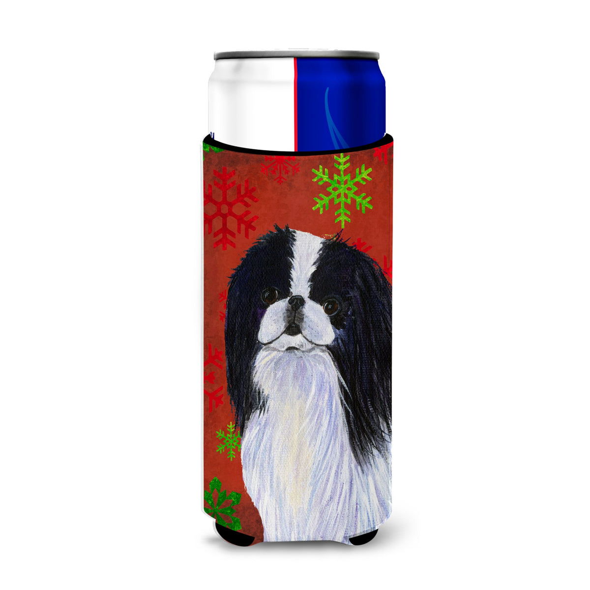 Japanese Chin Red And Green Snowflakes Holiday Christmas Ultra Hugger For Slim Cans