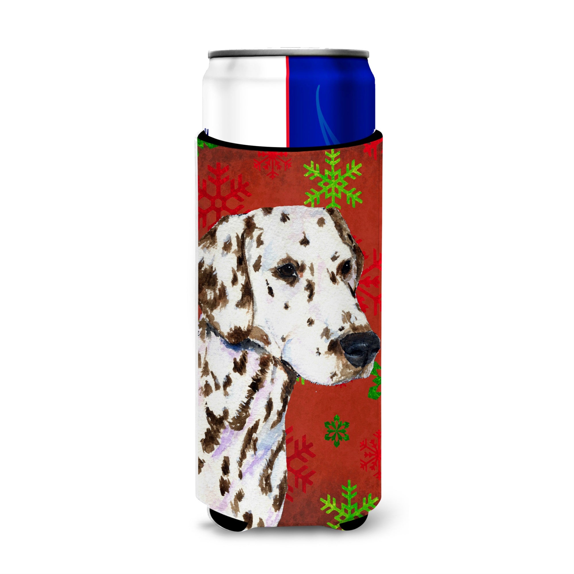 Dalmatian Red And Green Snowflakes Holiday Christmas Ultra Hugger For Slim Cans