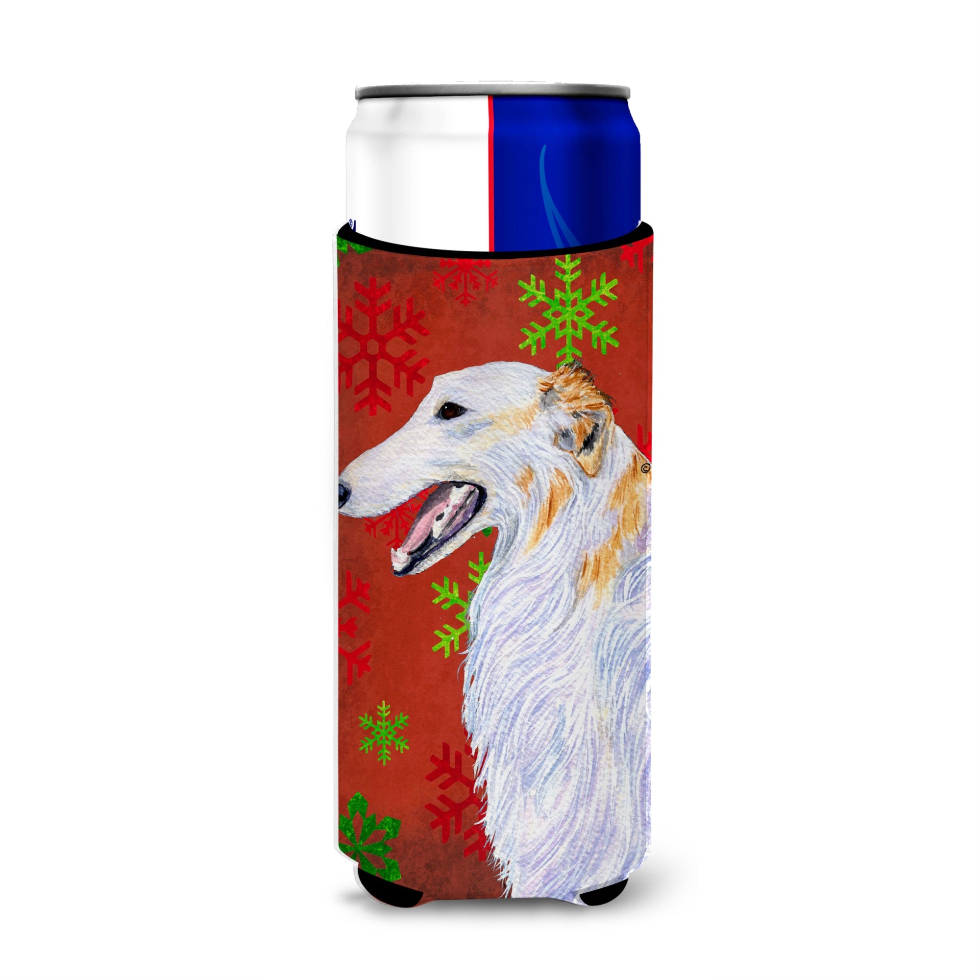 Borzoi Red And Green Snowflakes Holiday Christmas Ultra Hugger For Slim Cans