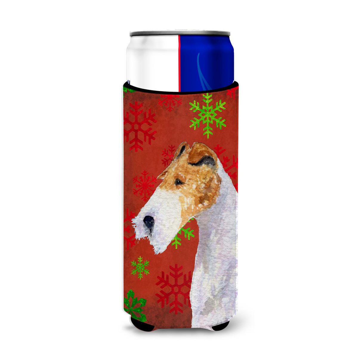 Fox Terrier Red And Green Snowflakes Holiday Christmas Ultra Hugger For Slim Cans