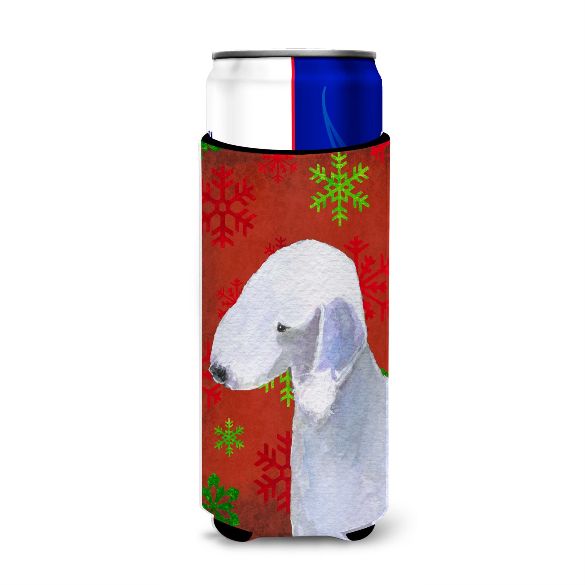 Bedlington Terrier Red And Green Snowflakes Holiday Christmas Ultra Hugger For Slim Cans