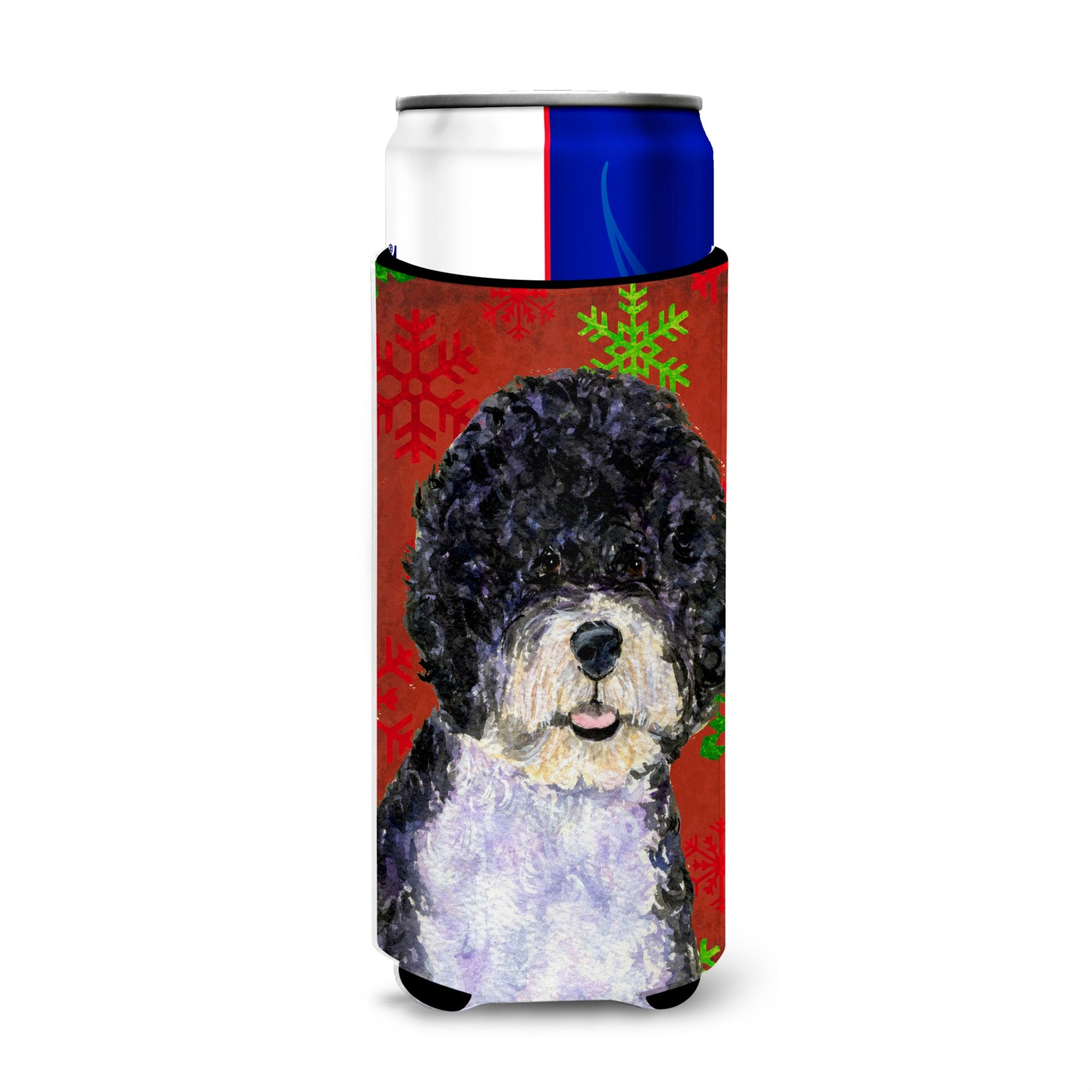 Portuguese Water Dog Red Green Snowflake Christmas Ultra Hugger For Slim Cans