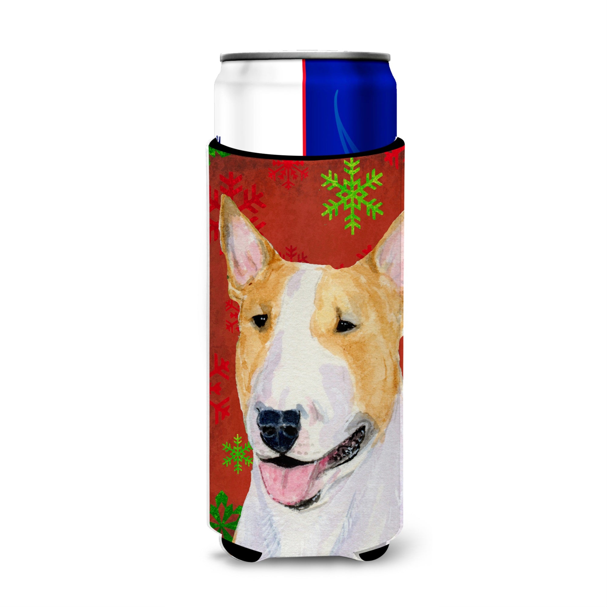 Bull Terrier Red And Green Snowflakes Holiday Christmas Ultra Hugger For Slim Cans