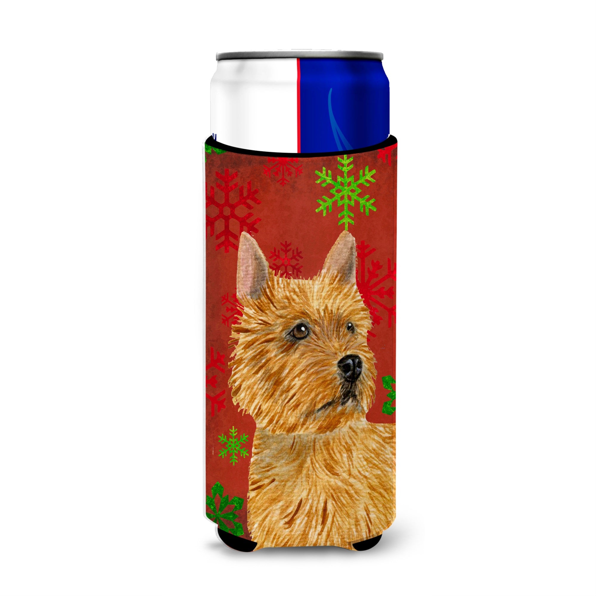 Norwich Terrier Red And Green Snowflakes Holiday Christmas Ultra Hugger For Slim Cans