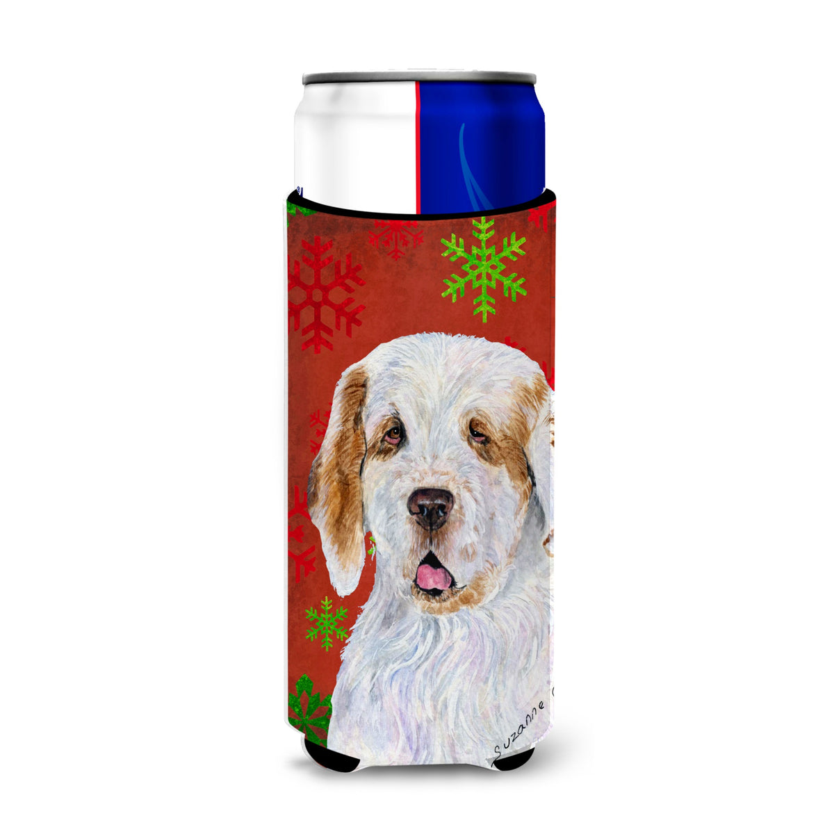 Clumber Spaniel Red And Green Snowflakes Holiday Christmas Ultra Hugger For Slim Cans