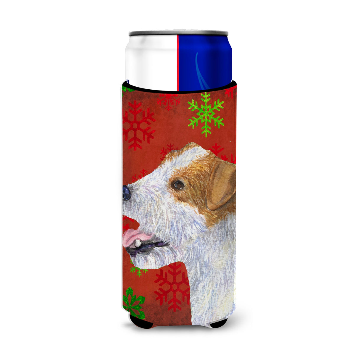Jack Russell Terrier Red Green Snowflakes Holiday Christmas Ultra Hugger For Slim Cans